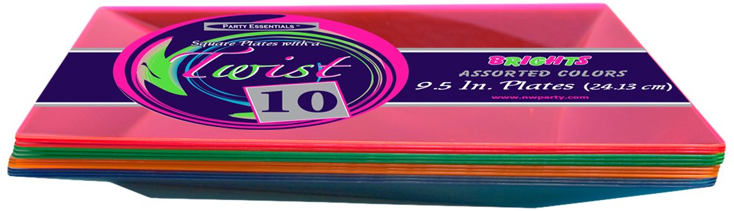 Neon Hard Plastic Square Twist Plates - 9.5 Inch Party Essentials (12 Packs of 10) - Durable Disposable Plates for Birthday Parties, BBQs, Picnics & Outdoor Events