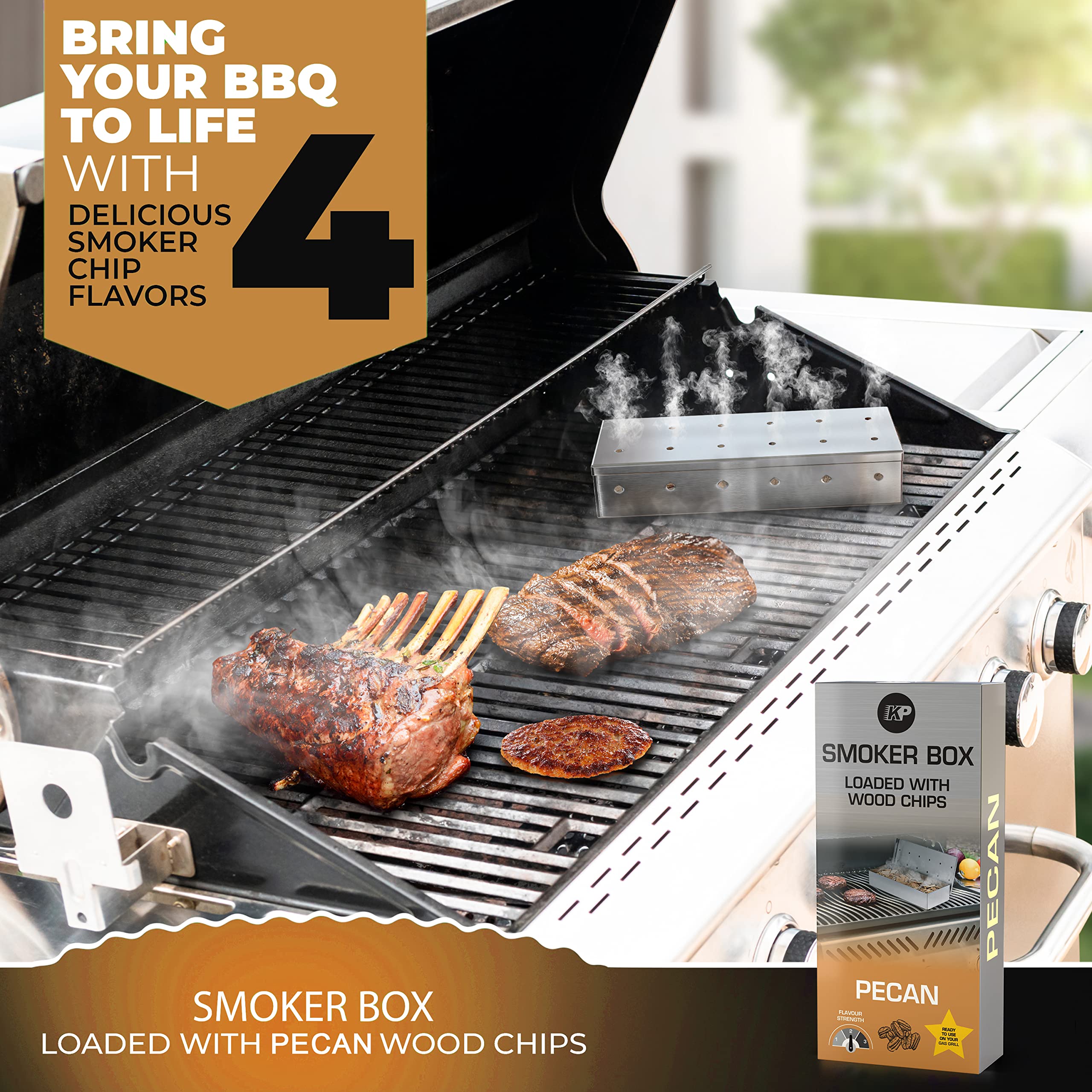 Premium Smoker Box for Gas Grill - Pre-Filled with Oak Wood Chips - Enhance BBQ Flavor on Propane & Pellet Grills - Perfect for Backyard BBQs, Tailgating & Outdoor Cooking