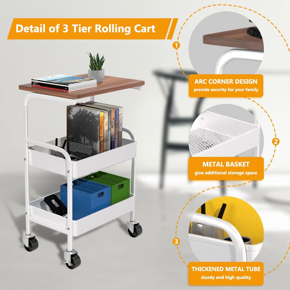 3-Tier Rolling Utility Cart with Wooden Tabletop & Lockable Wheels - Metal Storage Organizer for Kitchen, Office, Bedroom - Perfect for Mobile Workstation, Pantry Organization & Home Decor (White)