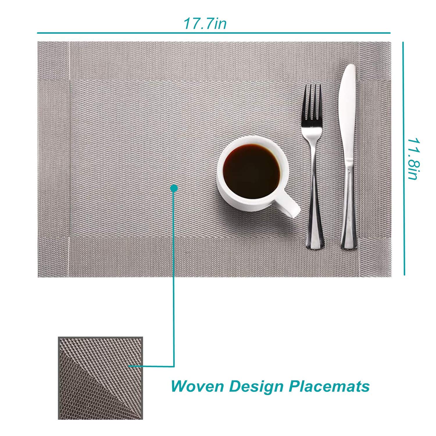 Premium Heat-Resistant Woven Vinyl Placemats Set of 4 - Non-Slip Washable PVC Table Mats for Dining Table, Easy to Clean & Durable (Silver Grey) - Perfect for Everyday Meals, Dinner Parties & Home Decor