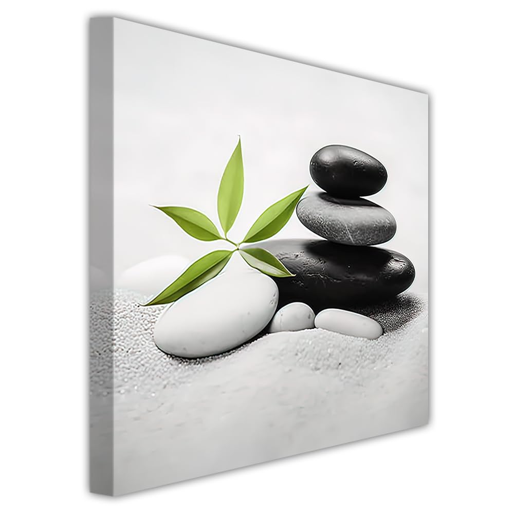Zhouwallpic Zen Canvas Wall Art - Black & White Stone Bamboo Painting Nature Spiritual Print - Meditation Room Decor Framed Picture (28x28 Inch) - Perfect for Yoga Studios, Home Offices & Mindfulness Spaces