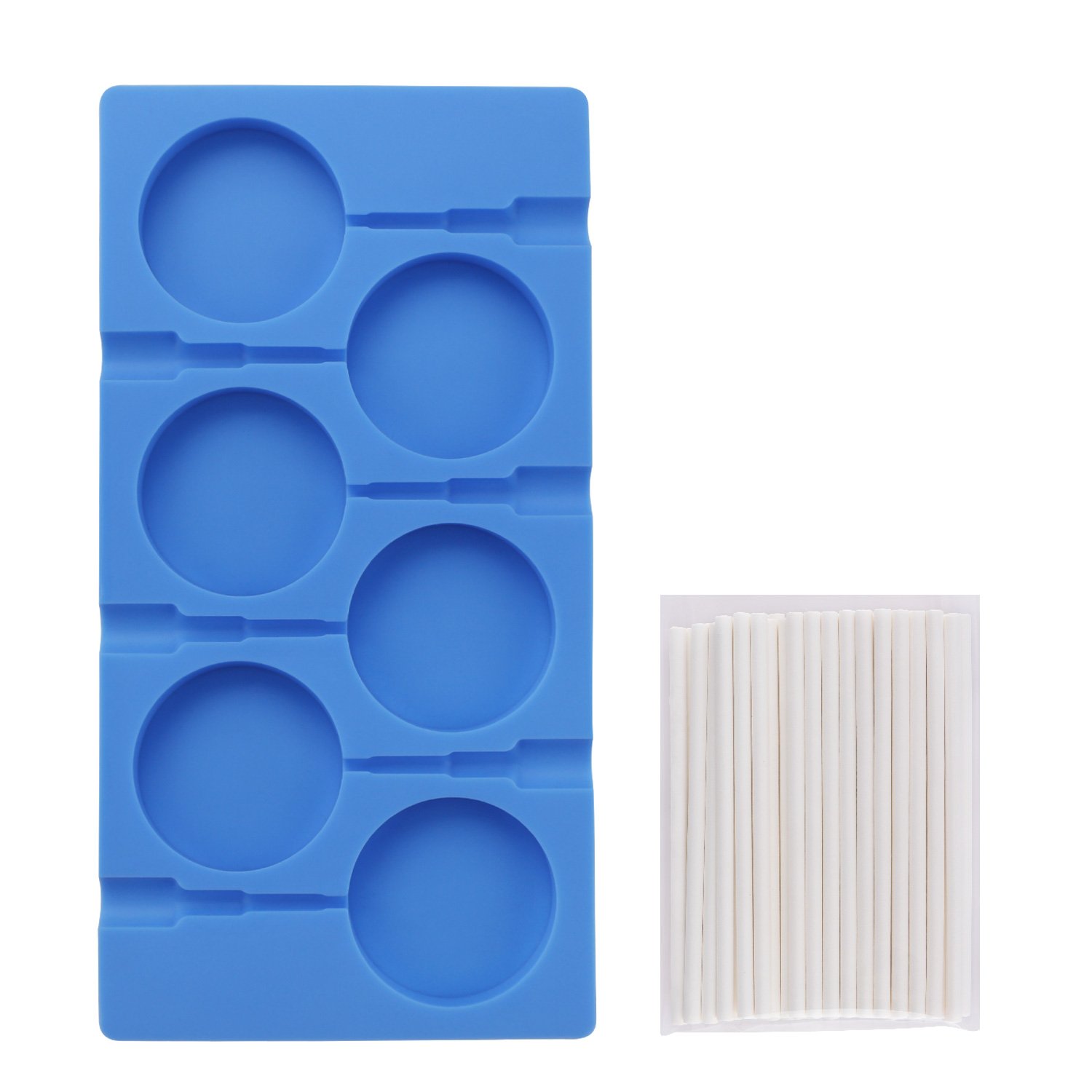 Beasea 6-Cavity Large Silicone Lollipop Mold Kit - Reusable Candy Molds for Chocolate, Hard Candy & Ice Pops - Includes 50 Lollipop Sticks & Durable Kitchen Tray (Blue) - Perfect for Birthday Parties, DIY Treats & Holiday Gift Making