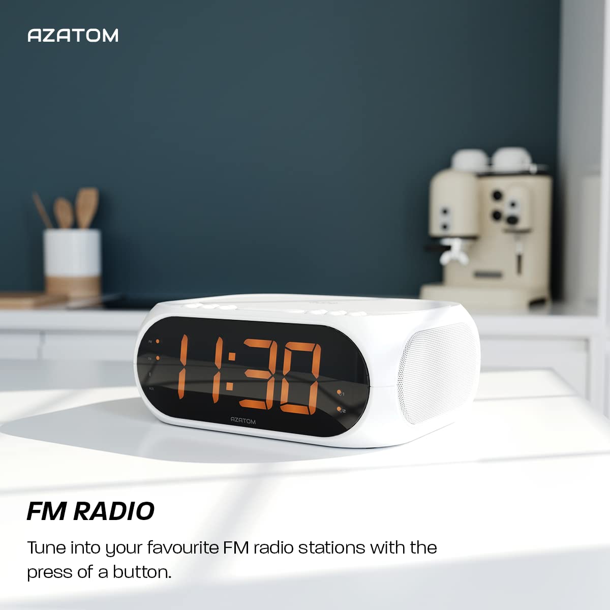 AZATOM Homehub Compact Bluetooth Alarm Clock Radio with QI Wireless Fast Charging for iPhone & Android - White | Bedside, Office, Travel Use