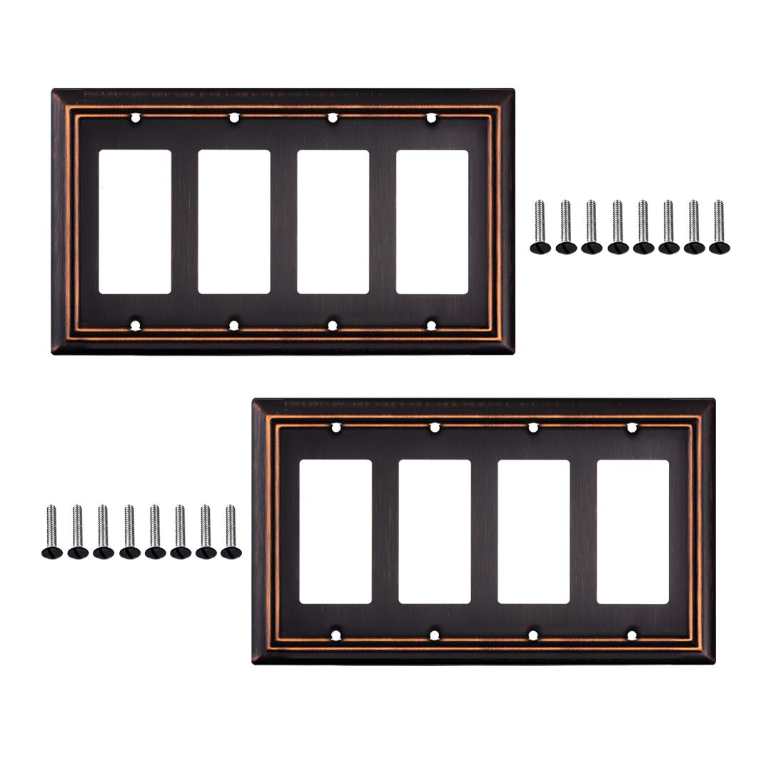 Oil Rubbed Bronze Outlet Covers and Switch Plates - Decorative Wall Plate Light Switch Cover Beveled Edge - 4 Gang Decorator (2 Pack) - Perfect for Living Room, Bedroom, Office & Home Decor Upgrade