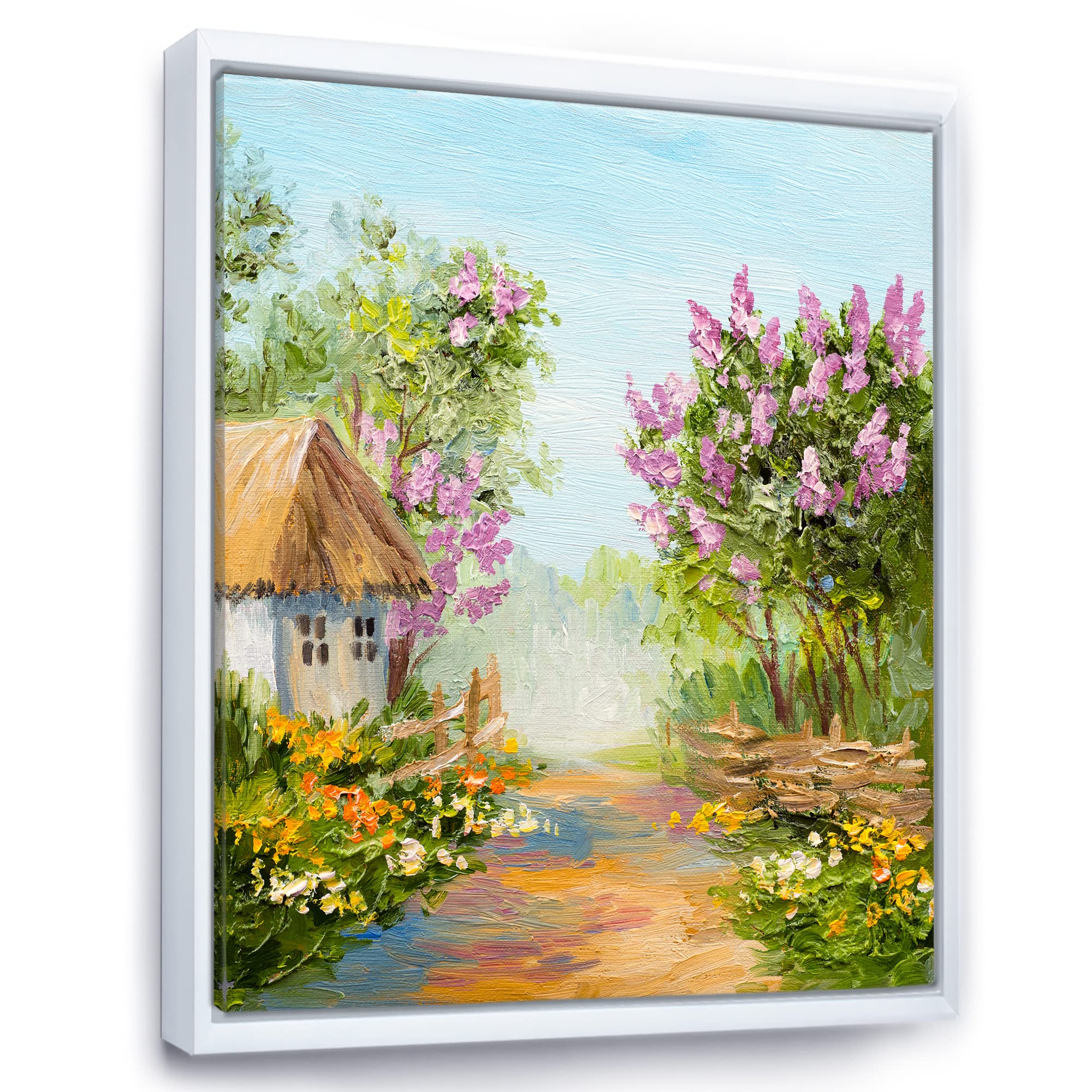 DesignQ Little House In The Blossoming Forest - Lake House Framed Canvas Wall Art Print for Living Room, Bedroom & Office Decor - Nature Landscape Painting for Home Interior Design