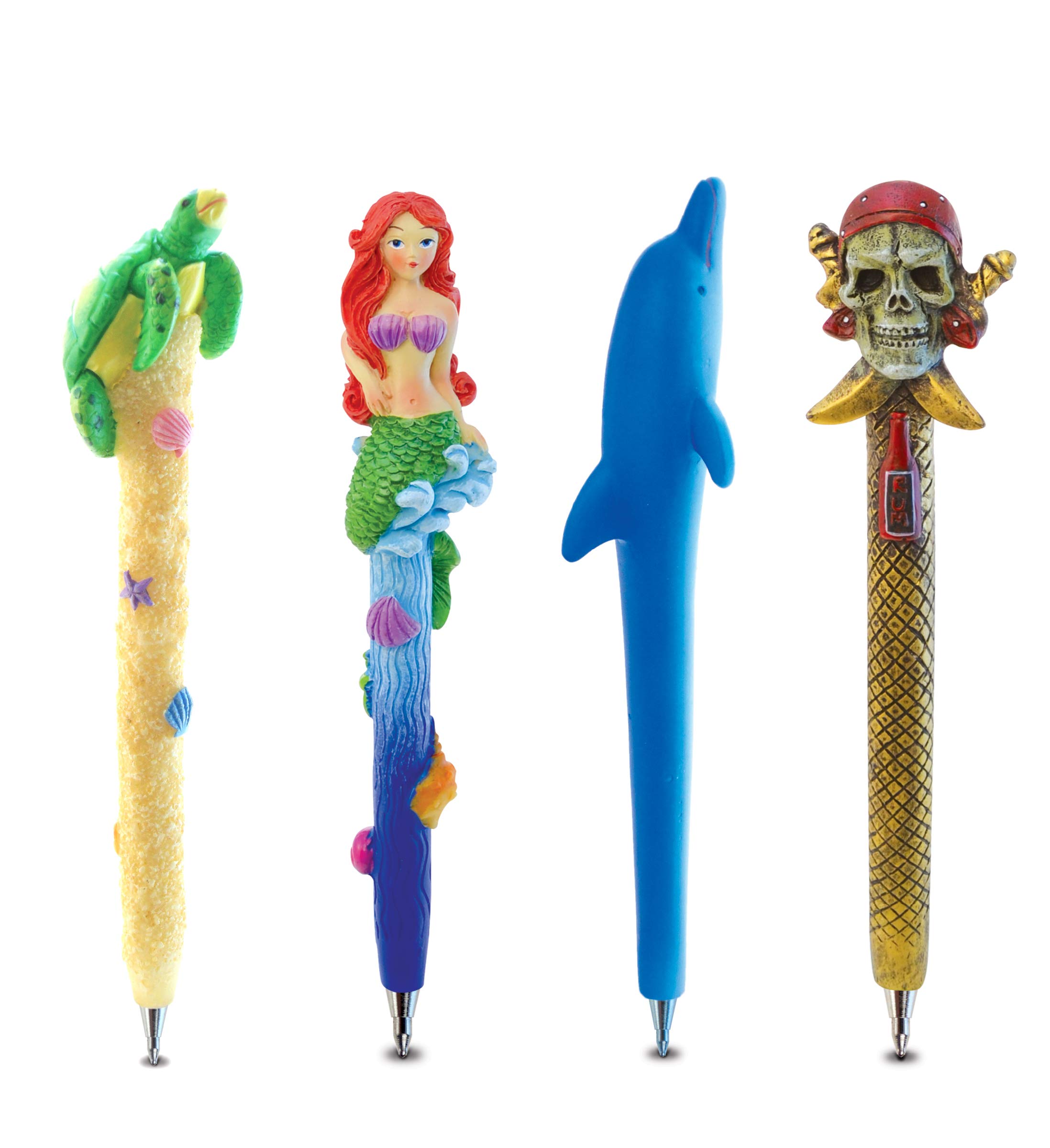 Dolphin, Sea Turtle, Mermaid & Pirate Skull Novelty Pens - 4 Pack Colorful Ballpoint Pens for Writing, School & Office Decor - Unique Sea Life Themed Office Supplies for Students, Teachers & Professionals