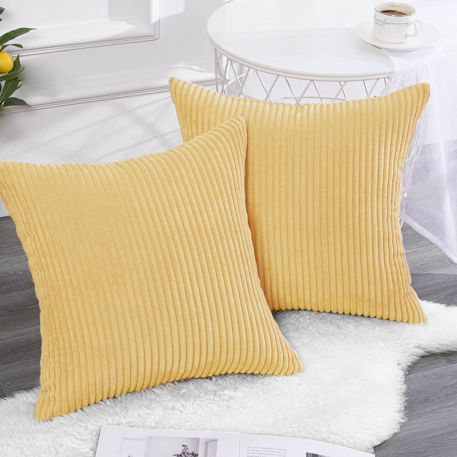 Renee 4-Piece 18x18 Inch Corduroy Throw Pillow Covers Set - Soft Square Decorative Cushion Cases for Sofa, Couch & Bedroom (Yellow) | Perfect for Living Room Decor, Home Styling & Cozy Comfort
