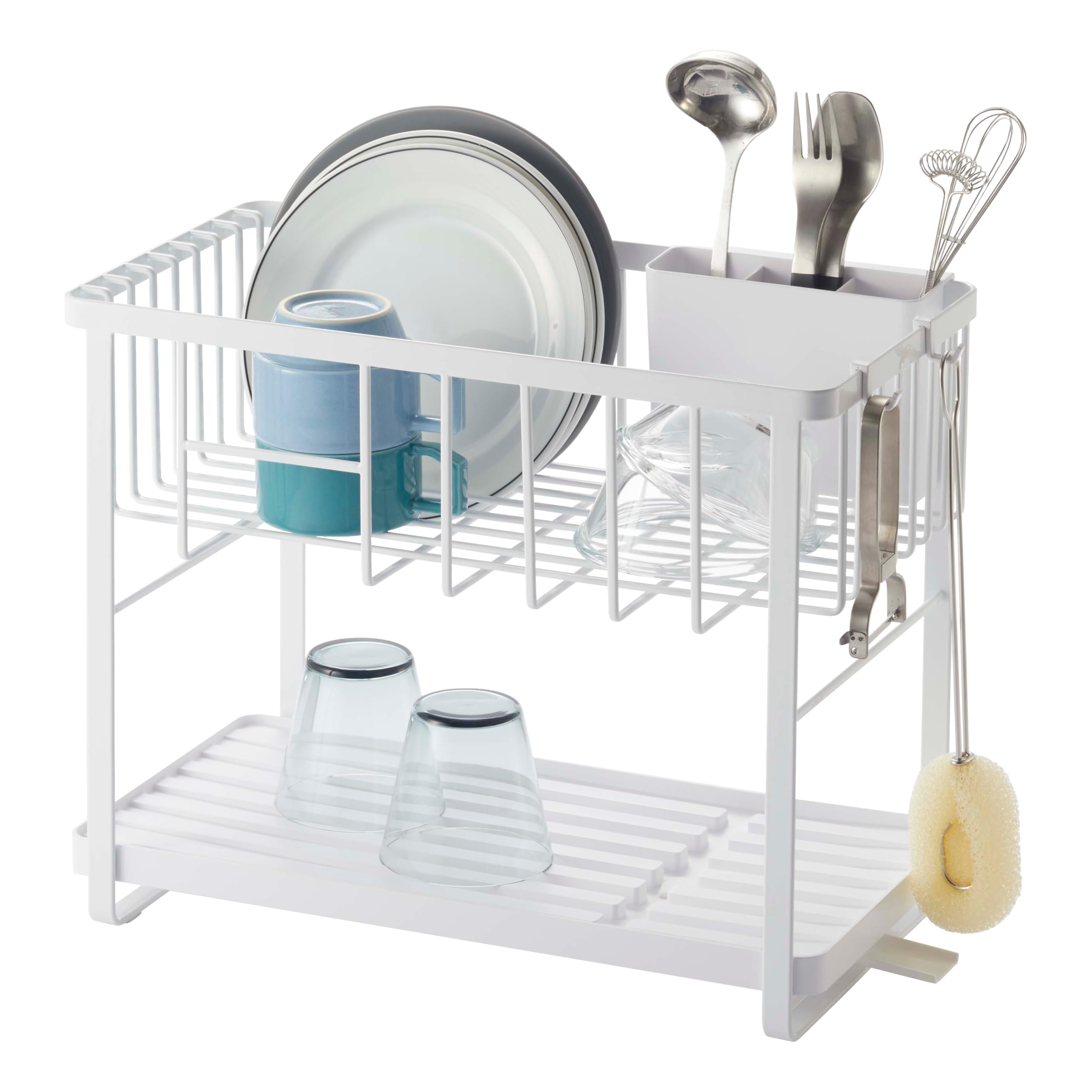 Yamazaki Home Two-Tier Adjustable Dish Drying Rack - Compact Steel Kitchen Organizer with Hooks & Utensil Holder - Water Resistant, No Assembly Required - Perfect for Small Spaces, Countertop Organization & Dish Drainage - White