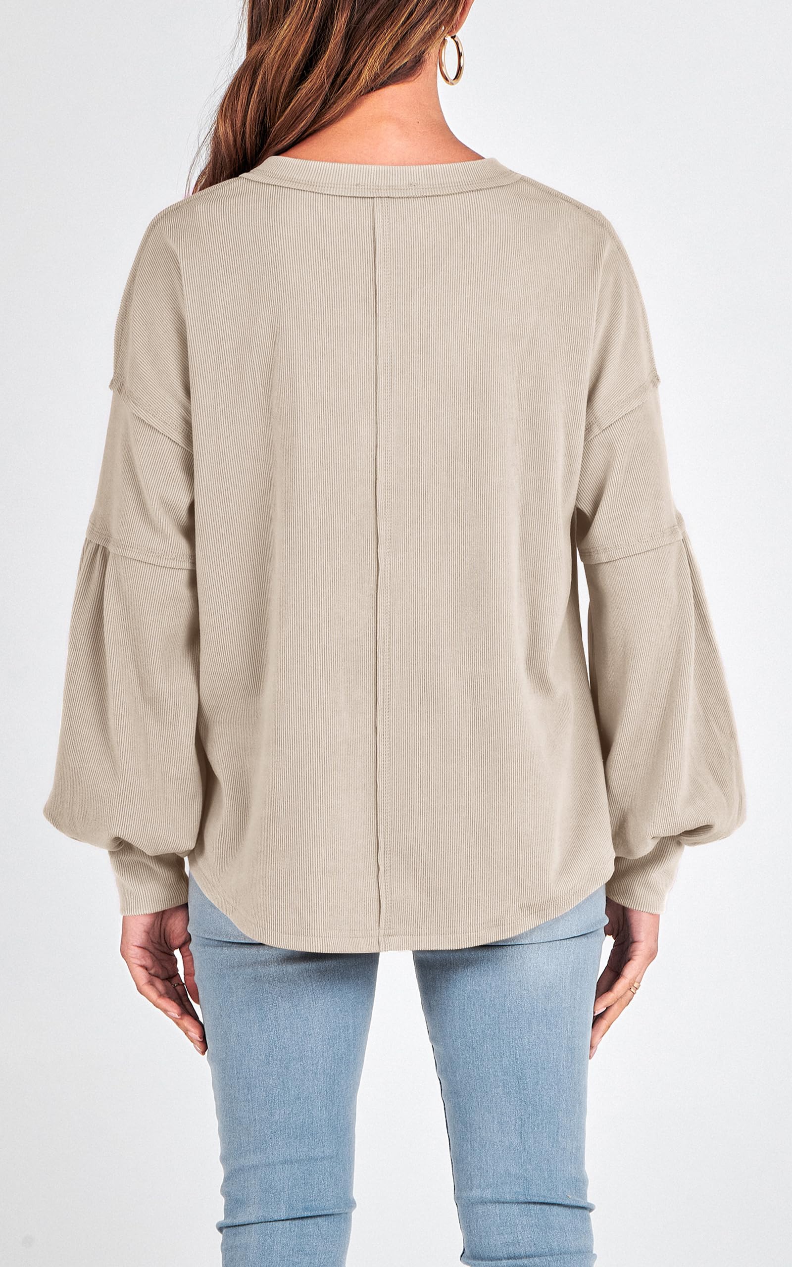 BTFBM Women's Ribbed Long Sleeve T-Shirt - Soft V-Neck Pullover Knit Blouse, Loose Fit Tunic Top for Spring & Summer 2025 | Casual Outfits, Layering, Workwear & Weekend Wear