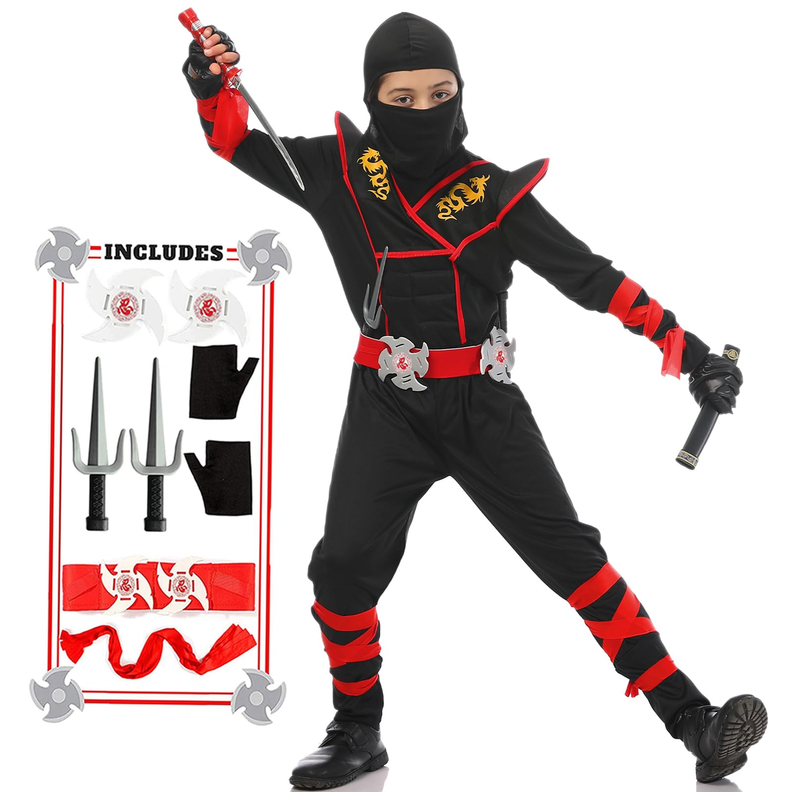 Boys Ninja Costume Set - Kids Halloween Ninja Outfit with Mask & Accessories | Cosplay Dress Up for Parties, Halloween & Role Play