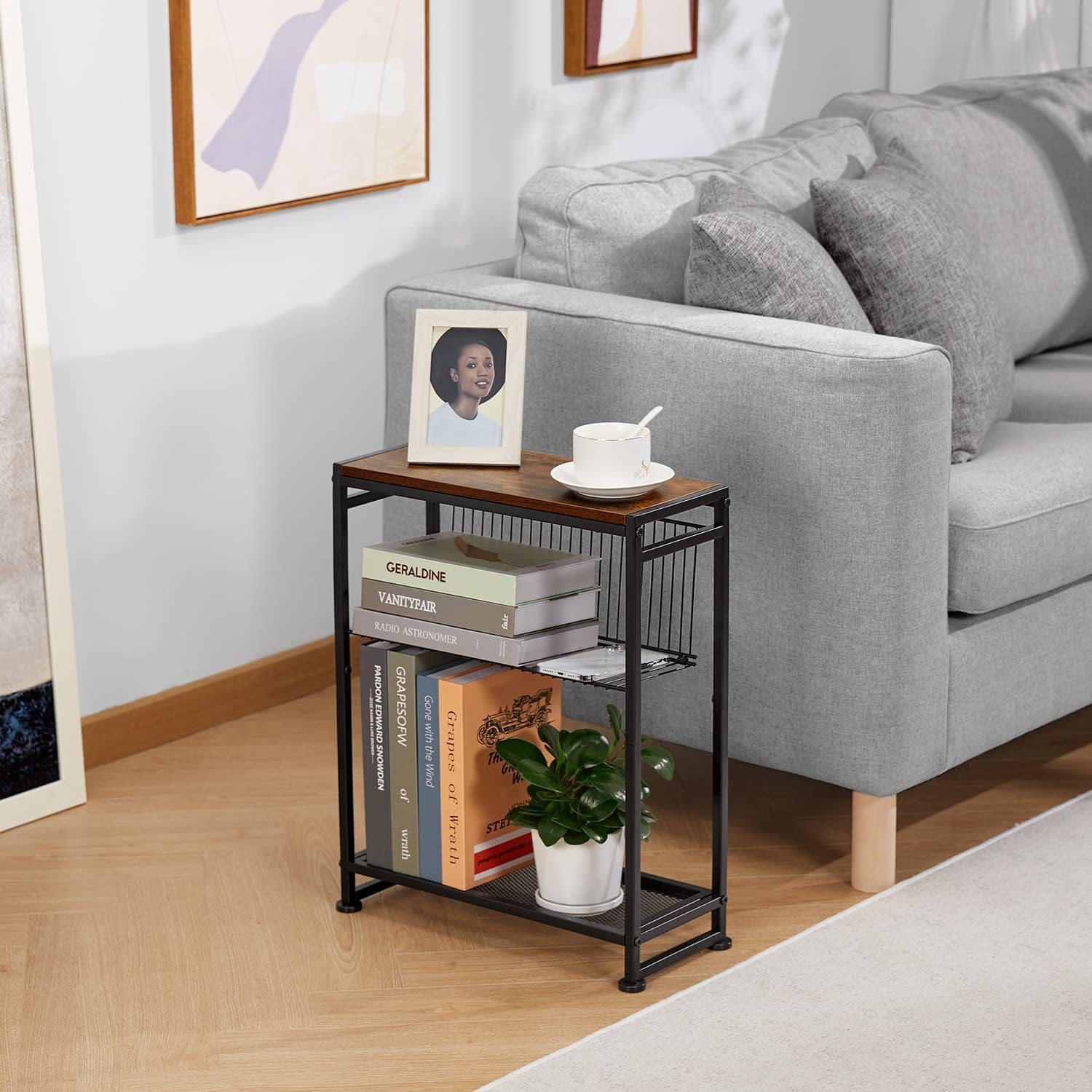 Compact Slim Side Table with Magazine Holder - 2-in-1 Space Saving End Table for Small Spaces - Rustic Brown Narrow Nightstand for Bedroom & Living Room - Perfect for Apartments, Dorms and Cozy Corners