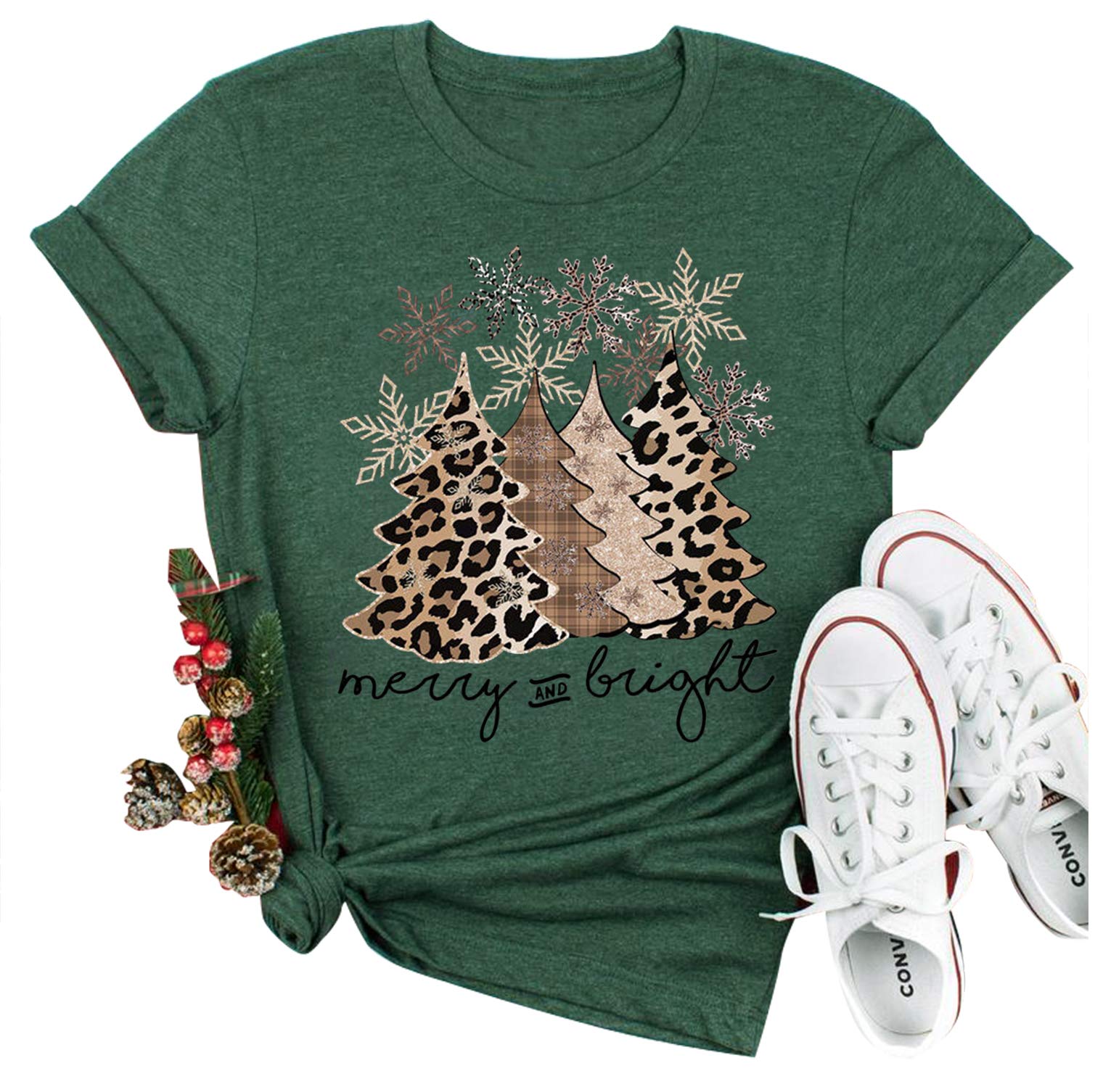 Leopard Print Christmas Tree Snowflake Graphic T-Shirt - Funny Merry & Bright Holiday Vacation Tee for Women & Men | Perfect for Christmas Parties, Gifts & Festive Outfits