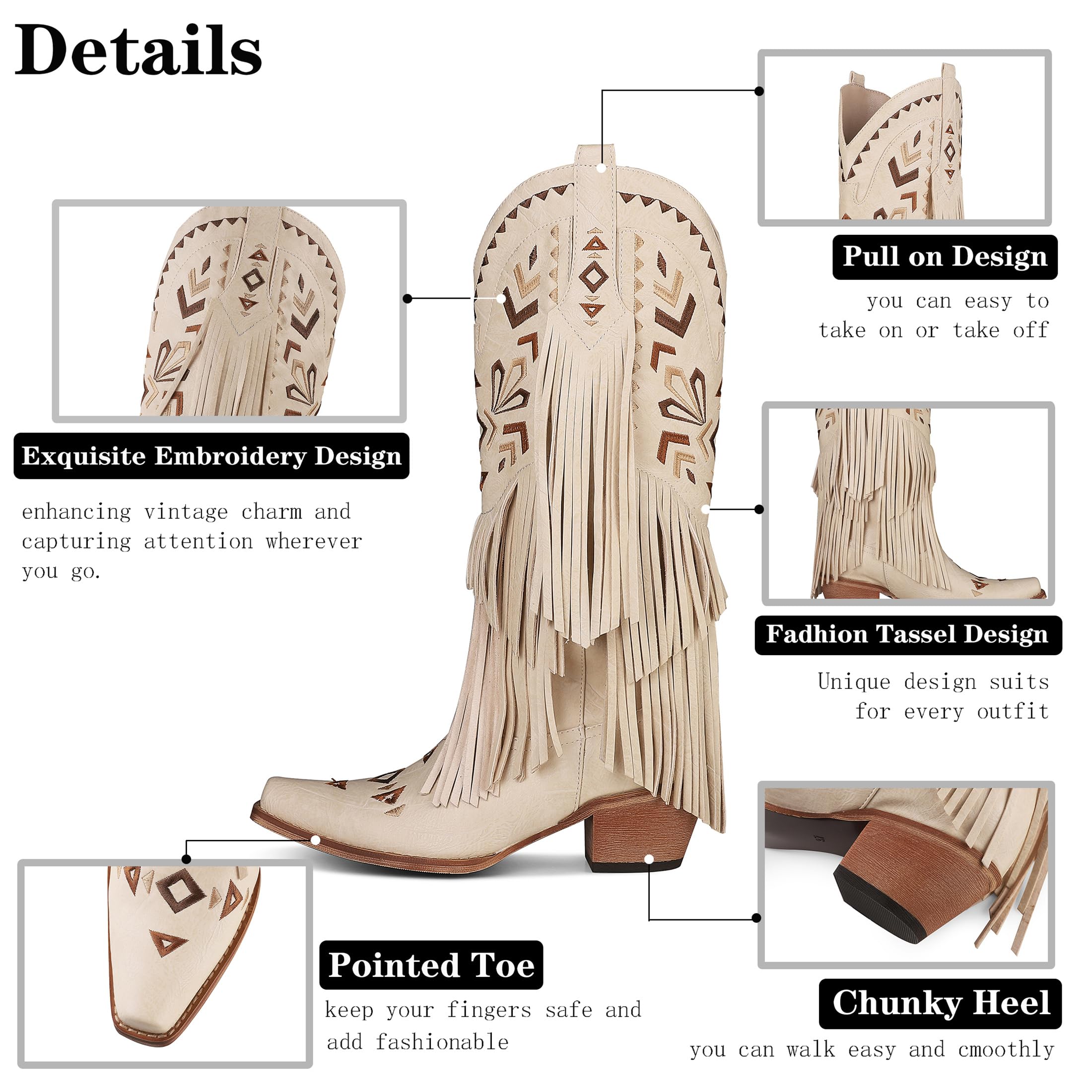Cowgirl Boots for Women - Western Knee High Boots with Fringe Tassels, Chunky Heel & Embroidered Pointed Toe | Pull On Fashion Boots in Brown | Perfect for Country Rodeo, Line Dancing & Western Outfits