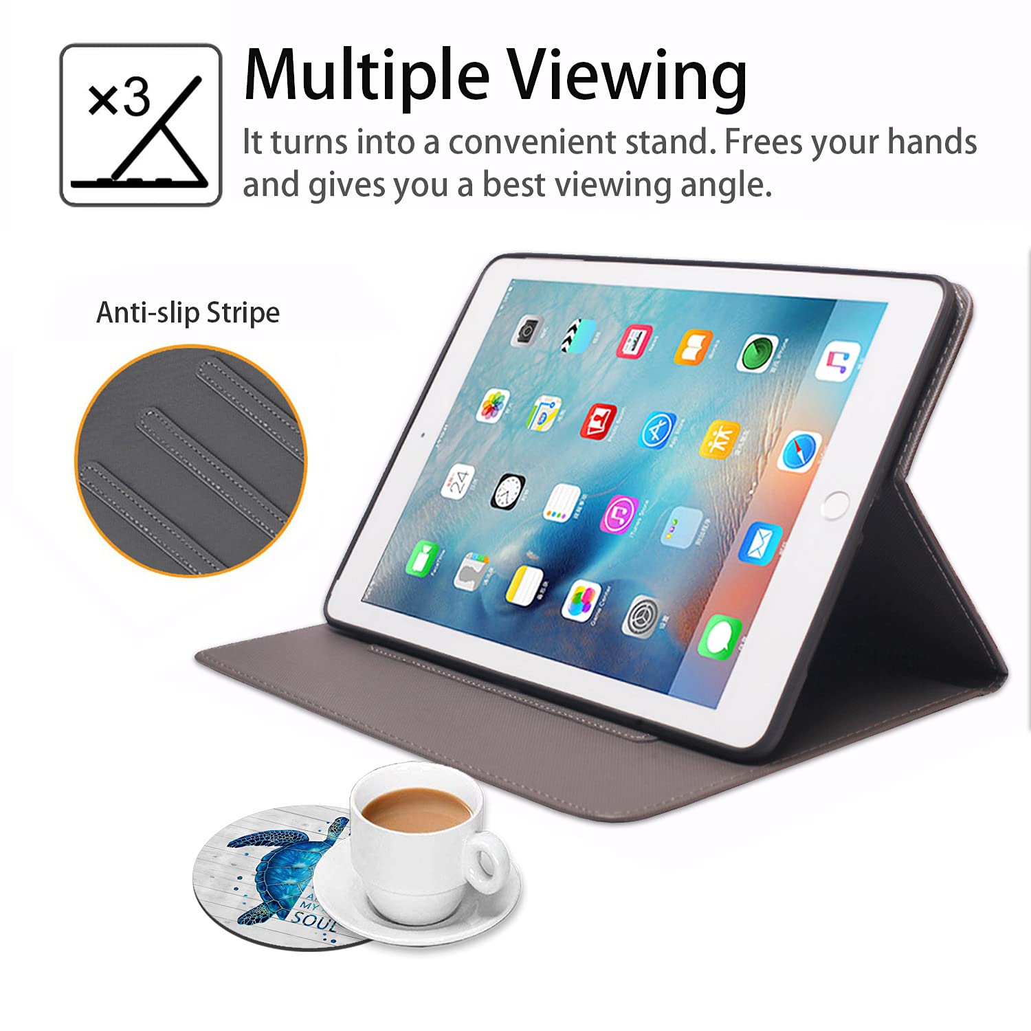Premium Protective Case for iPad 9.7 (2017/2018), iPad Air 1/2 & iPad 6th/5th Gen - Auto Wake/Sleep Smart Cover with Adjustable Stand | Funny Rustic Wooden Design Featuring Blue Sea Turtle | Includes Bonus Coasters | Perfect for Work, Travel & Home Use
