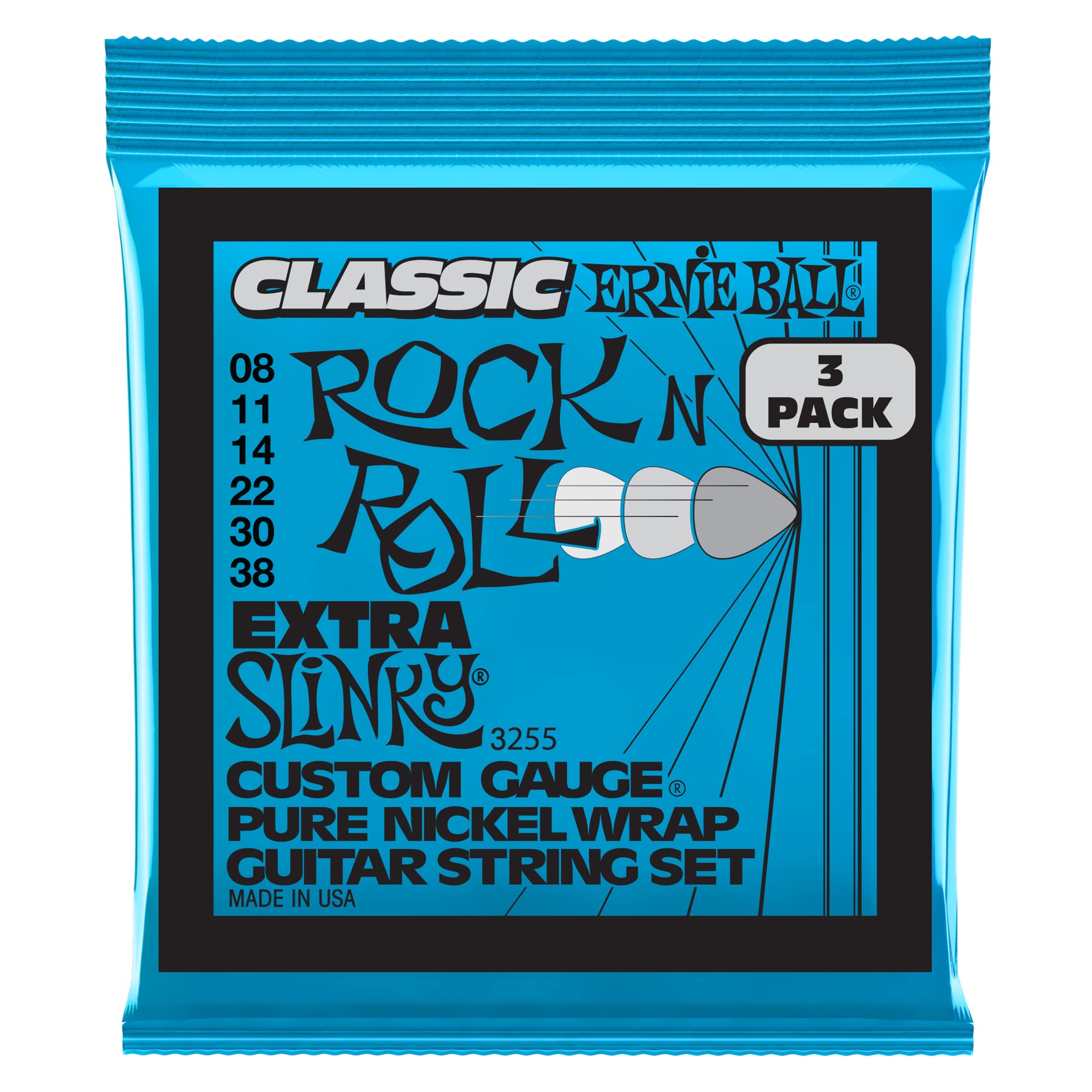 Ernie Ball Extra Slinky Classic Pure Nickel Electric Guitar Strings 3-Pack, 8-38 Gauge (P03255) - Perfect for Rock, Blues & Studio Recording