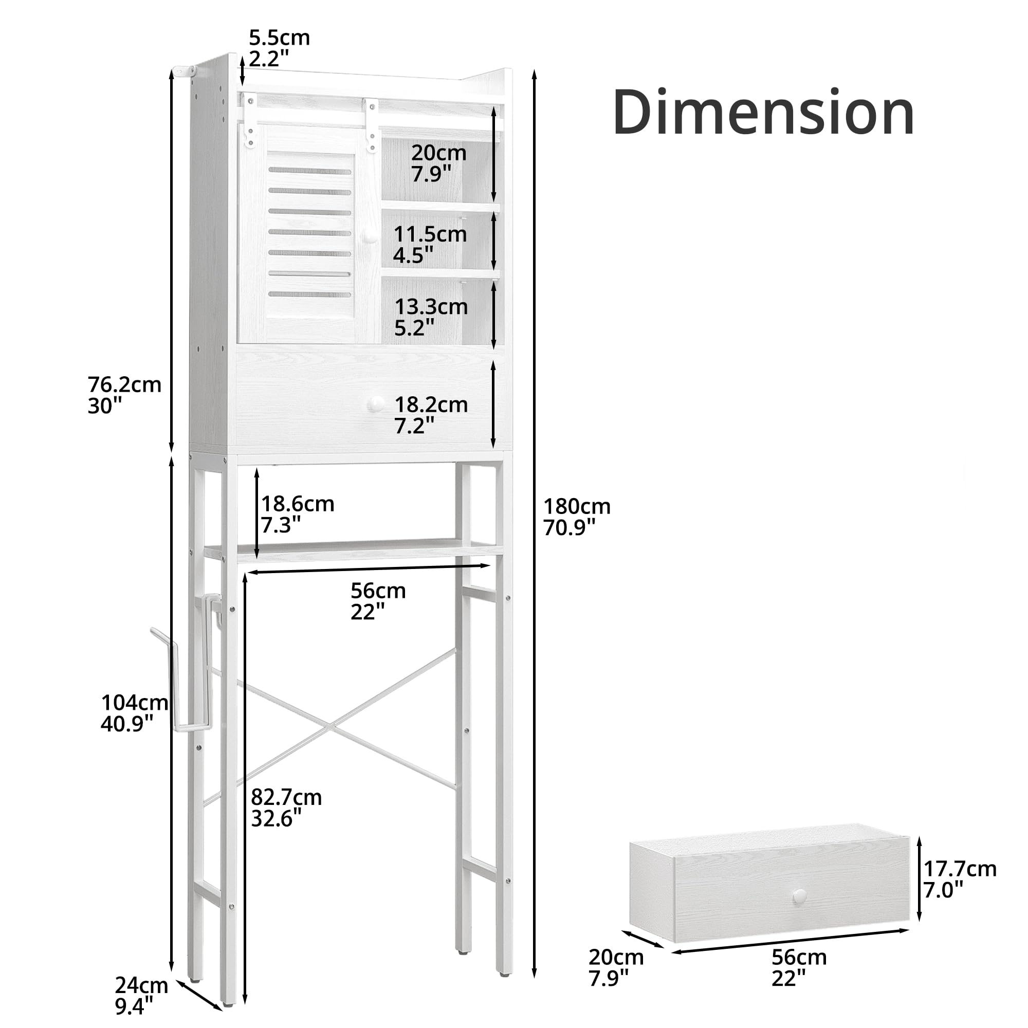IRONCK 6-Tier Over The Toilet Storage Rack with Cabinet & Drawer - Adjustable Bathroom Organizer Shelves with Sliding Door, Paper Hook - White Space Saver for Small Bathrooms, Apartments & Dorm Rooms