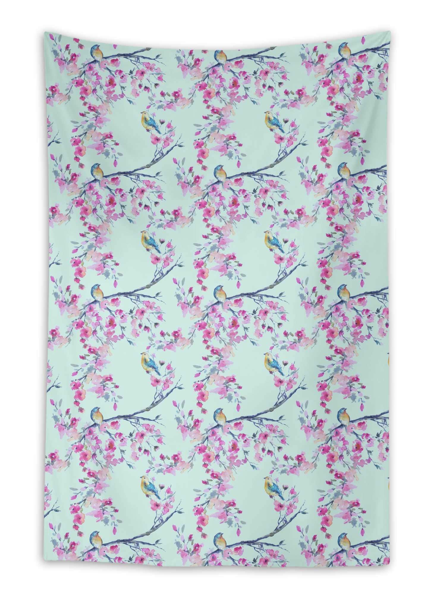 Green Blossom & Flowerpecker Watercolor Tapestry Wall Hanging - 58 x 80 Inches - Dorm Room Decor, Living Room Art, Bedroom Aesthetic - Perfect for Boho, Vintage & Nature-Inspired Home Decor