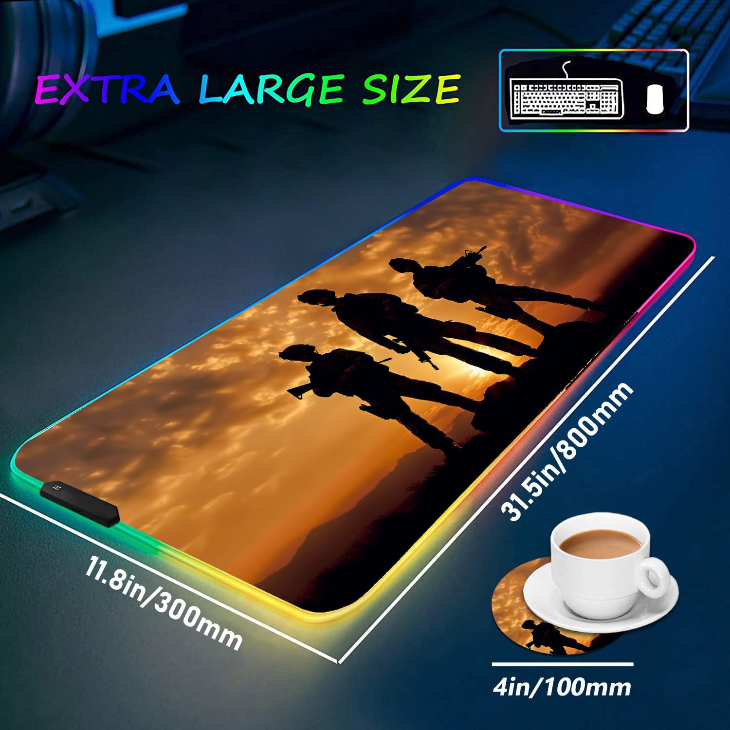 RGB Gaming Mouse Pad with LED Glow & Coffee Coaster - Large 31.5