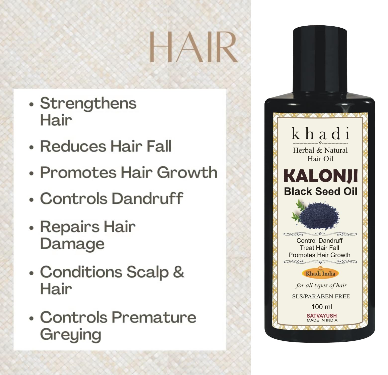 Satvayush Khadi Black Seed (Kalonji) Hair Oil - 100ml | Herbal & Natural Hair Growth Treatment for Long, Healthy & Strong Hair | Perfect for Daily Scalp Massage & Hair Care Routine
