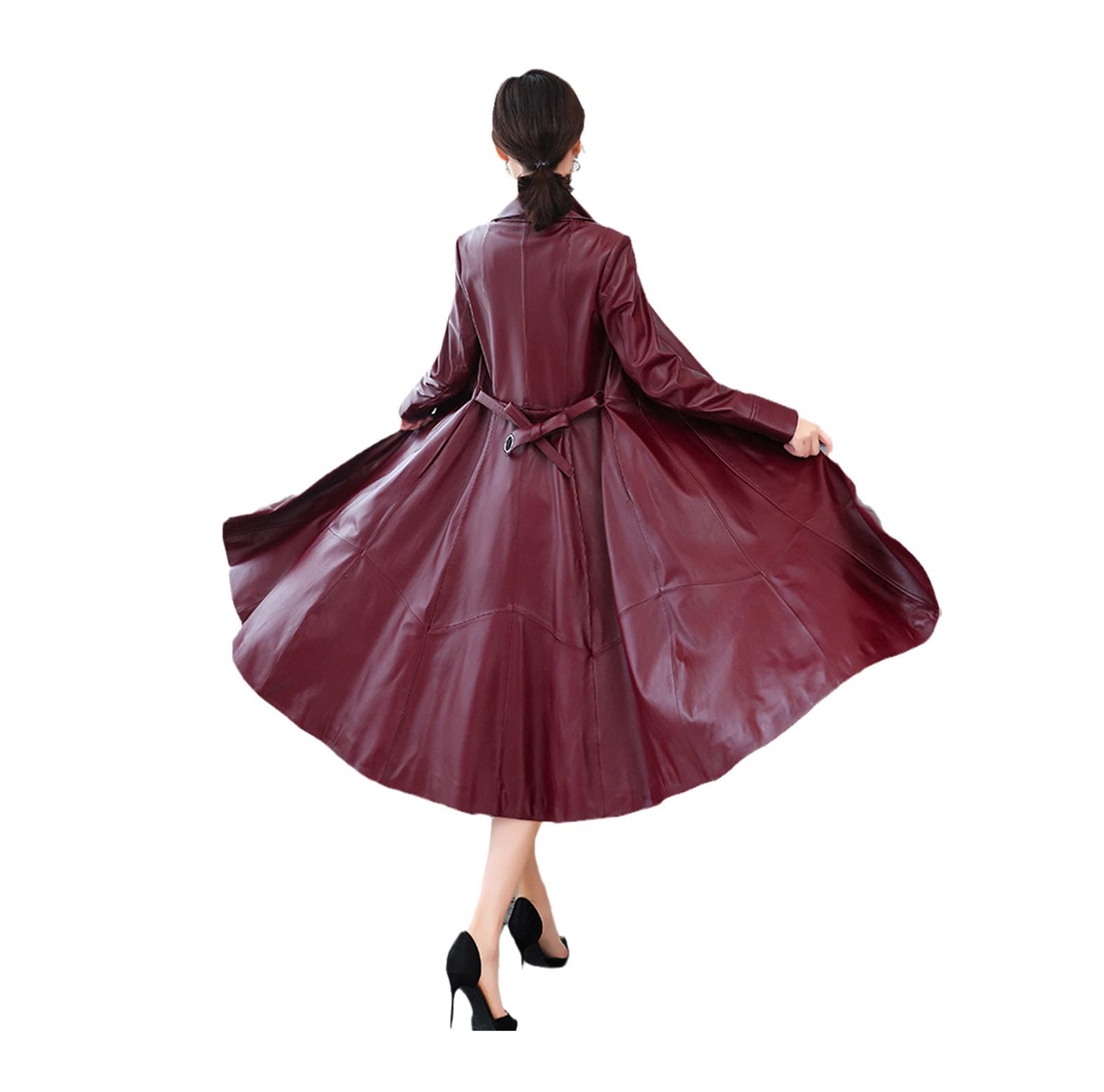 Women's Black PU Leather Trench Coat - Long Sleeve Belted Korean Style Fall Jacket for Office, Dating & Casual Outfits