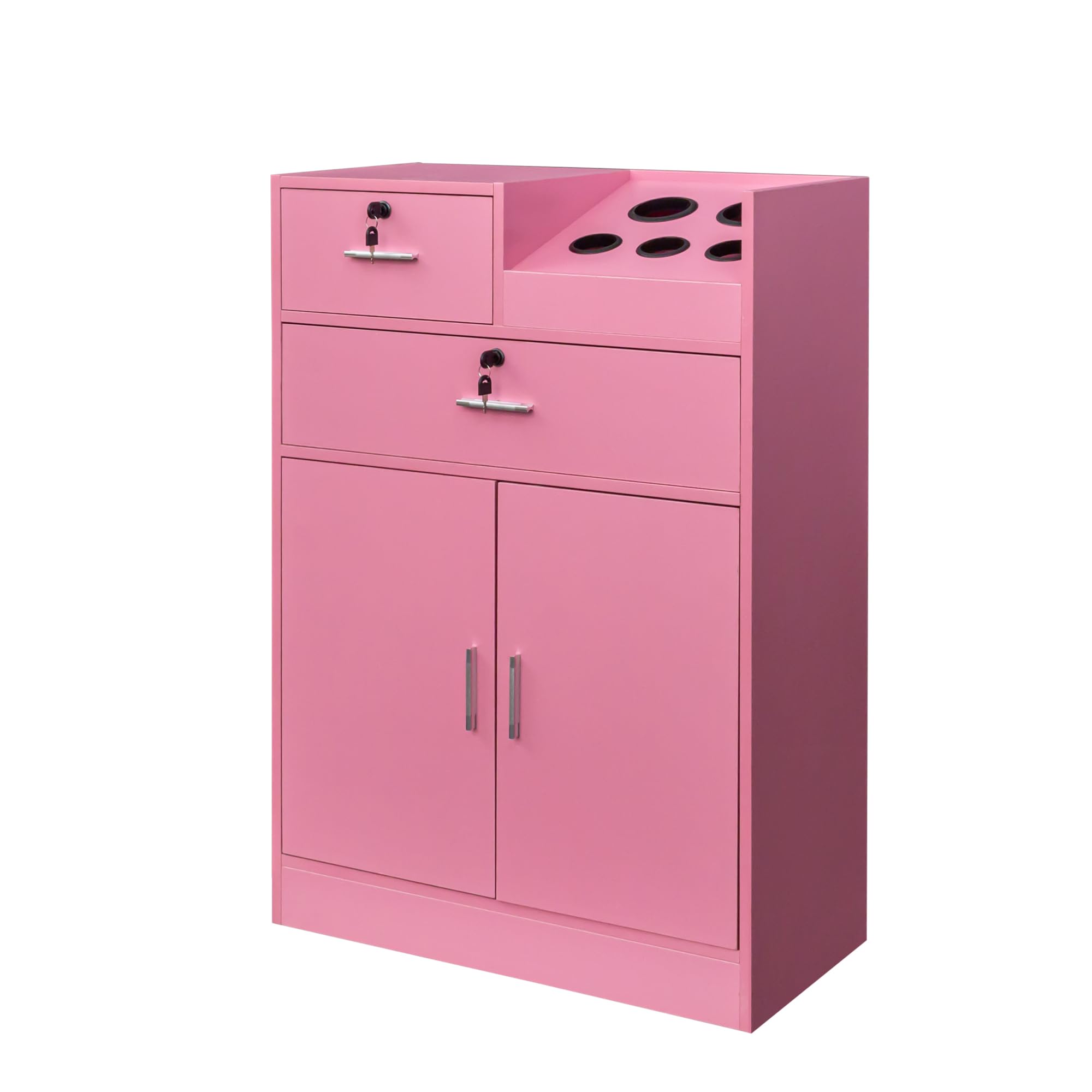 Pink Salon Storage Cabinet with Lock & Hair Dryer Holder - 2 Drawers & 1 Cabinet for Beauty Salon, Barber Shop, Spa Organization - Professional Stylist Equipment Organizer for Home & Commercial Use