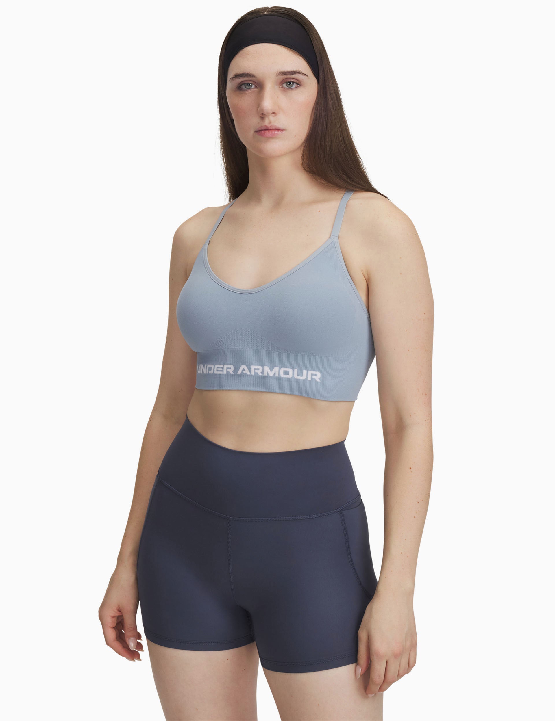 Vanish Seamless Low-Impact Sports Bra for Women - Breathable Workout Top in Harbor Blue & White - Perfect for Yoga, Running & Gym Activities
