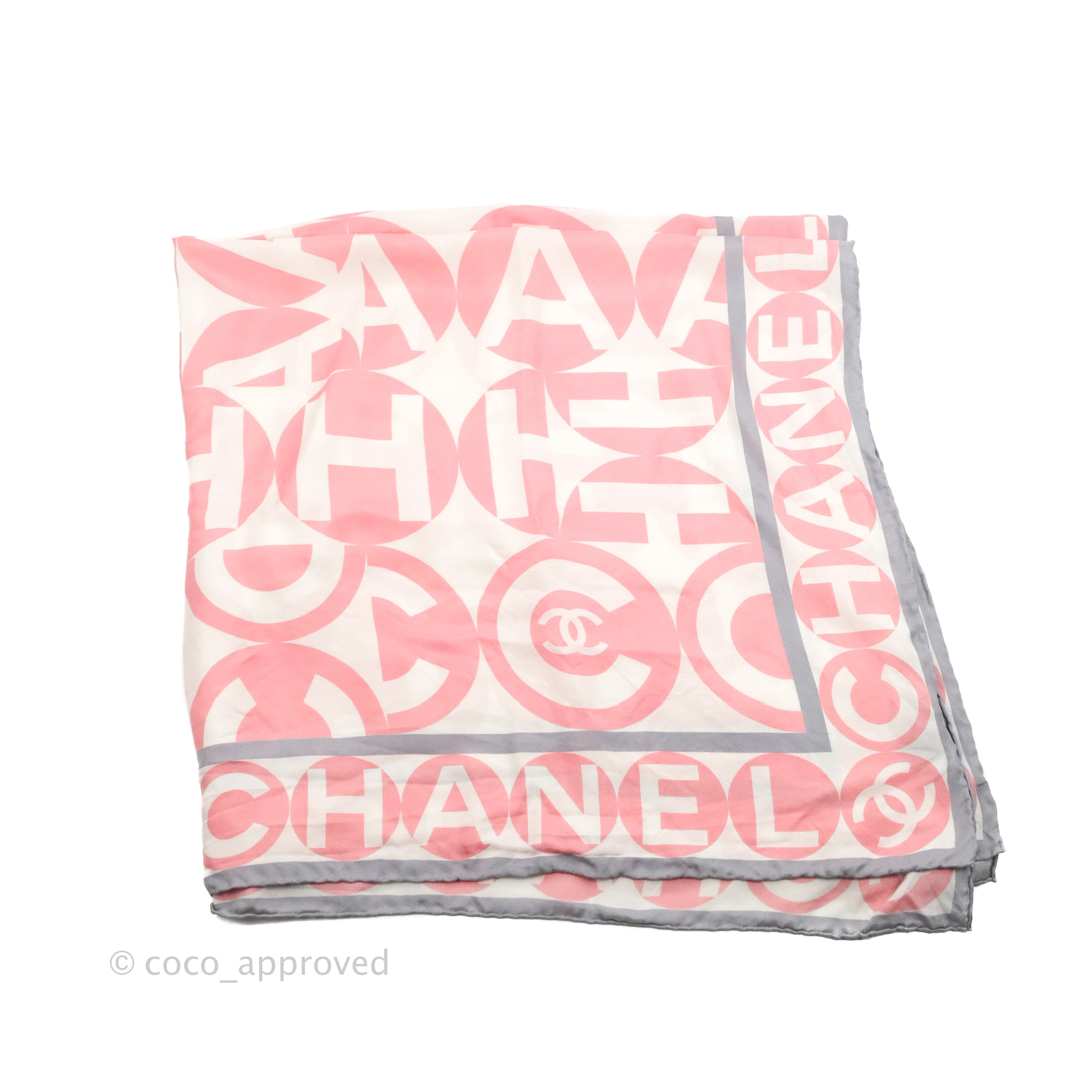 Chanel CC Silk Square Scarf 90 - Luxury Grey Pink White Fashion Scarf for Women | Perfect for Office, Party & Gift Giving