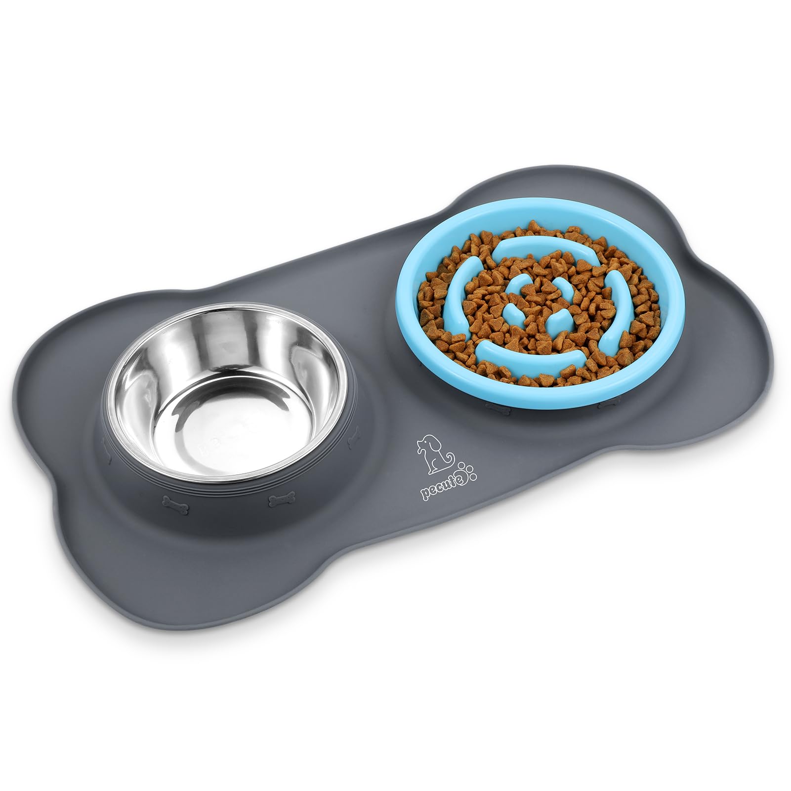 Pecute Slow Feeder Dog Bowl - Non-Spill Non-Skid Silicone Mat, Food-Grade Stainless Steel Pet Bowl for Dogs & Cats - Perfect for Fast Eaters & Messy Drinkers at Home or Travel