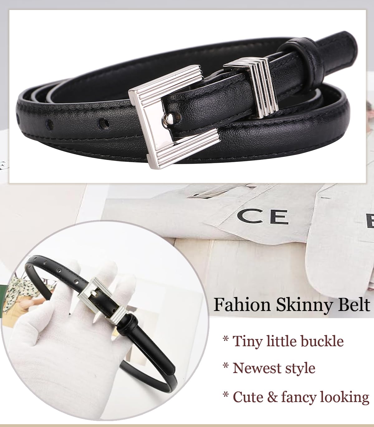 ALAIX Women's Skinny Leather Belt - Thin Black Leather Belt with Gold/Silver Buckle for Jeans, Pants & Dresses | Stylish Waist Accessory for Casual & Formal Outfits