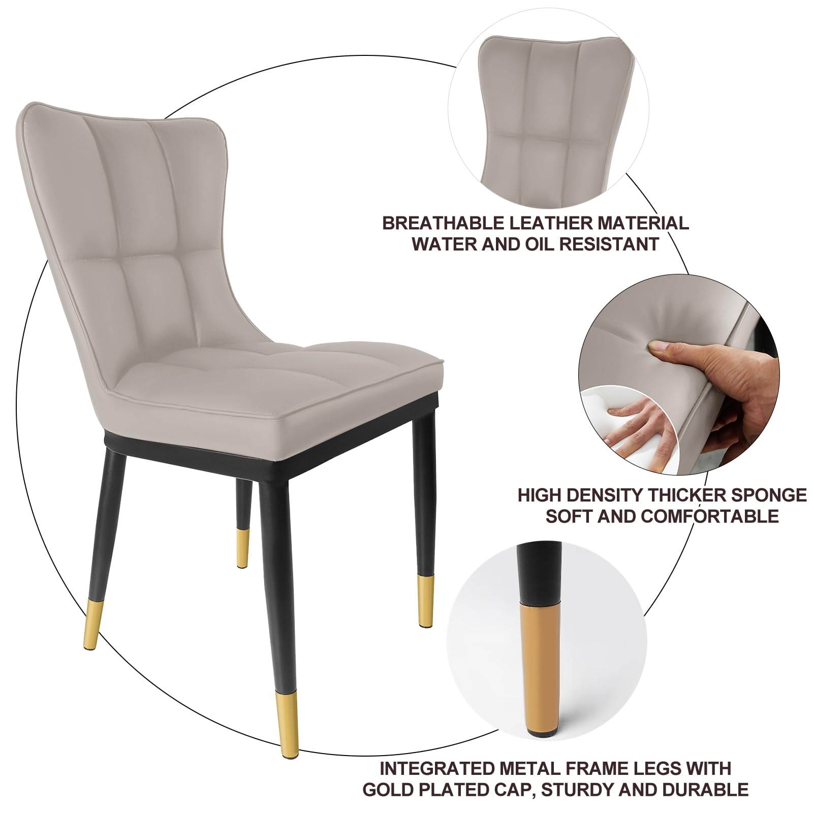 Luxury High-Back Faux Leather Dining Chairs Set of 2 - Modern Upholstered Accent Chairs with Deep Sponge Padding & Sturdy Metal Legs for Kitchen, Dining Room, Living Room, Bedroom - Light Grey - Perfect for Home Decor, Dinner Parties & Cozy Seating