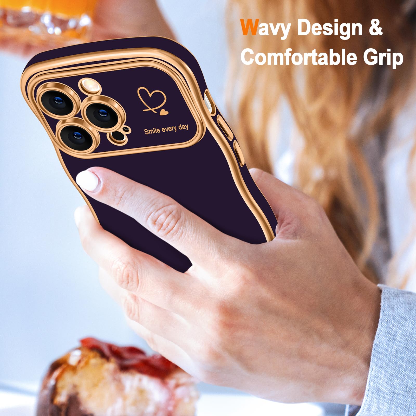 Hython iPhone 13 Pro Max Case - Luxury Wavy Wave Design with Heart Accent, Slim Thin Soft TPU Rubber Shockproof Protective Cover for Women & Girls (Dark Purple) - Perfect for Daily Use, Travel, and Gift Giving