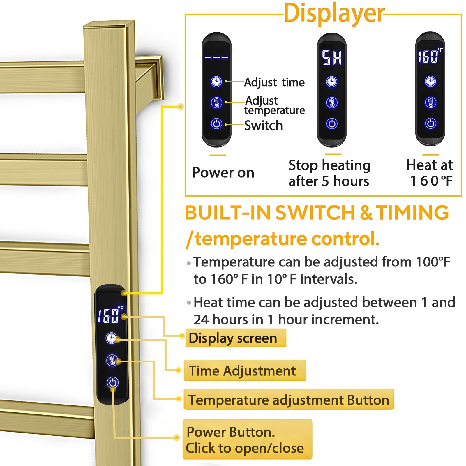 Premium Electric Towel Warmer Rack - 10-Bar Wall Mounted Heated Towel Rail with Timer & Fahrenheit Temperature Control for Bathroom - Brushed Gold Finish - Plug-in or Hardwired Installation - Perfect for Keeping Bath & Shower Towels Warm & Cozy - Ideal for Spa-Like Luxury at Home