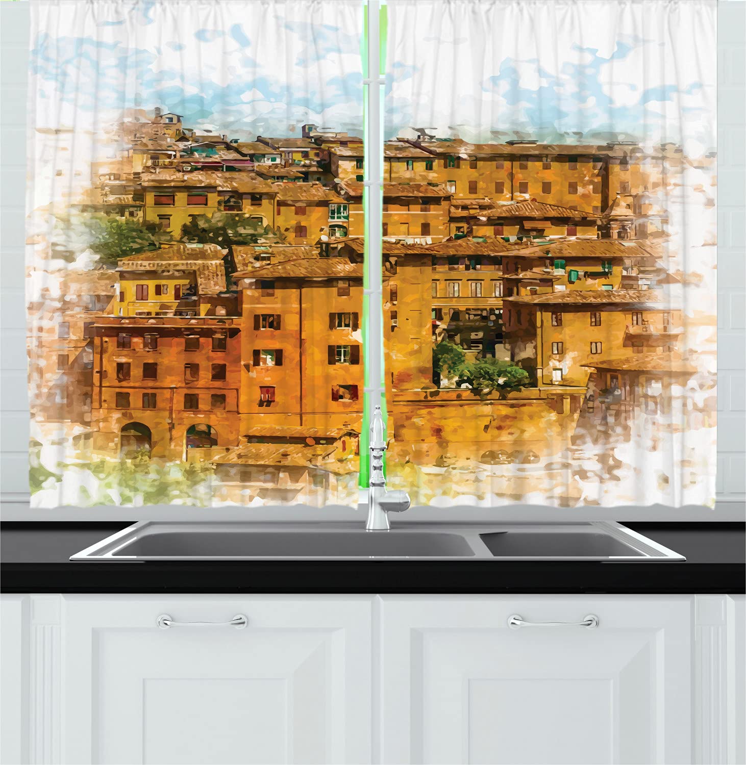 Ambesonne Italian Long Kitchen Curtains - Vintage Historic Photo of Italian Town with Traditional Buildings, Retro Two Panel Drapes with Rod Pocket, 55