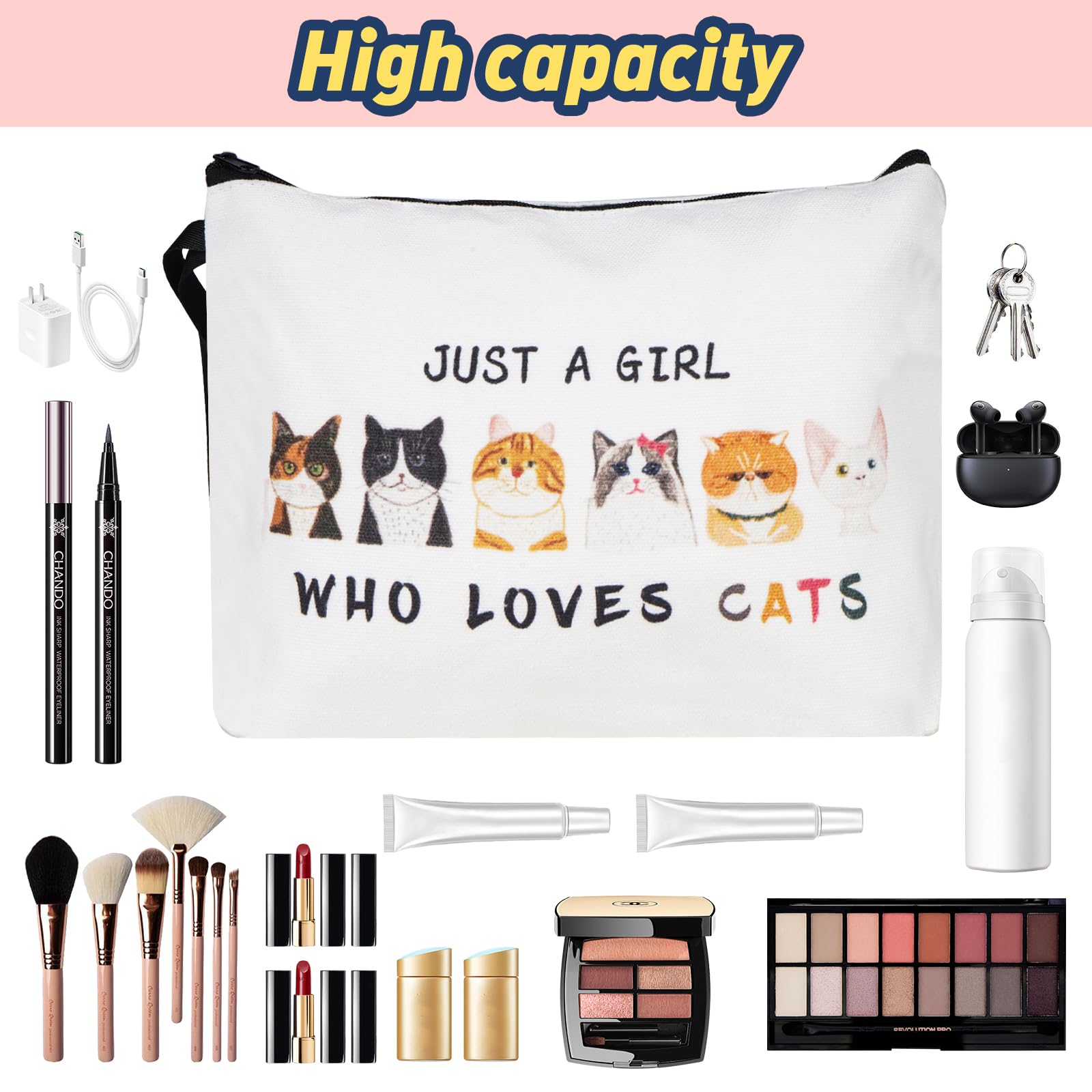Cute Cat Makeup Bag for Women & Girls - Waterproof Zippered Cosmetic Pouch - Perfect Birthday & Christmas Gift for Cat Lovers - Great for Travel, School & Daily Makeup Storage
