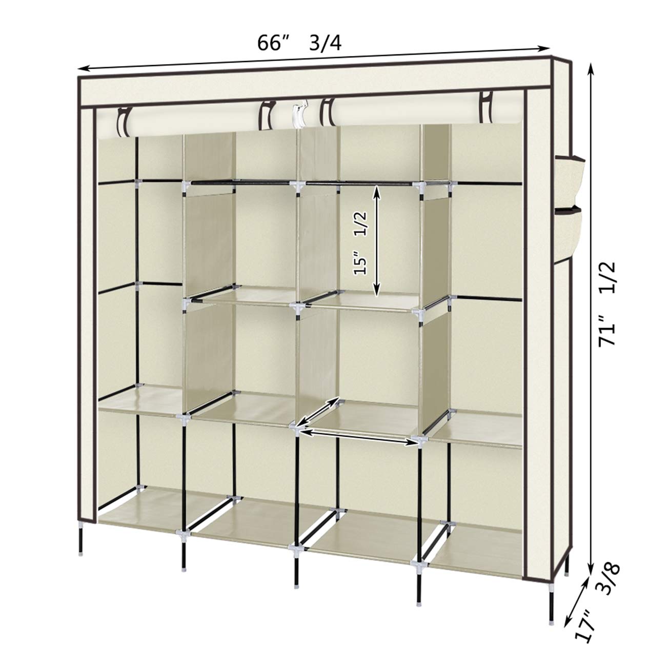 67 Inch Portable Wardrobe Closet with 12 Shelves & 4 Side Pockets - Beige Clothes Storage Organizer with Protective Cover | Perfect for Bedroom, Closet, Dorm Room & Small Space Organization