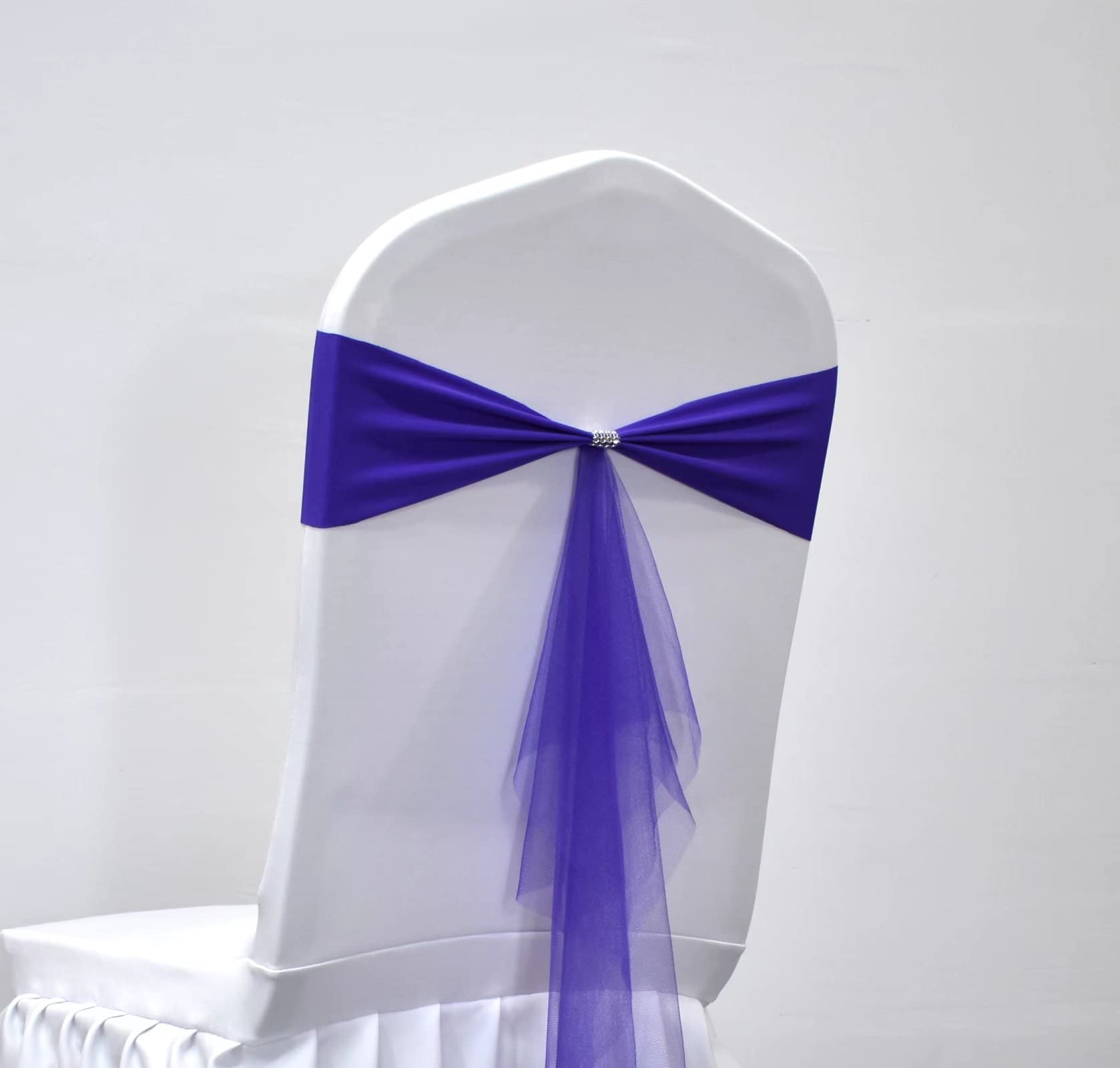 100 PCS Spandex Stretch Wedding Chair Bands - Dark Purple Organza Sash Decorations for Chair Backs, Banquet Halls & Bridal Showers