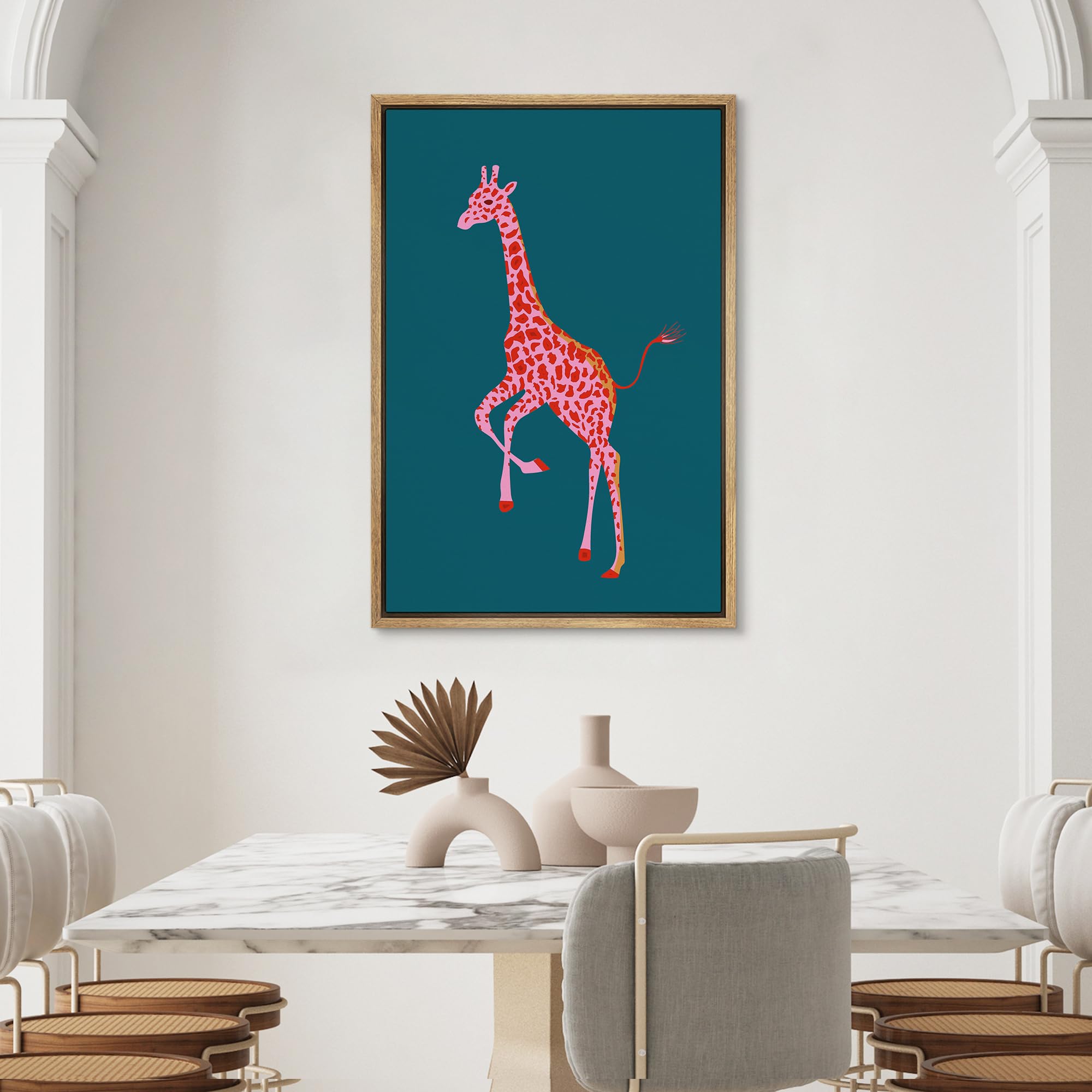 Preppy Pink African Cartoon Giraffe Framed Canvas Wall Art - 16x24 Inch Nature Wildlife Animal Portrait Boho Chic Decor for Living Room, Bedroom, Office | Perfect for Nursery, Dorm & Gift Giving