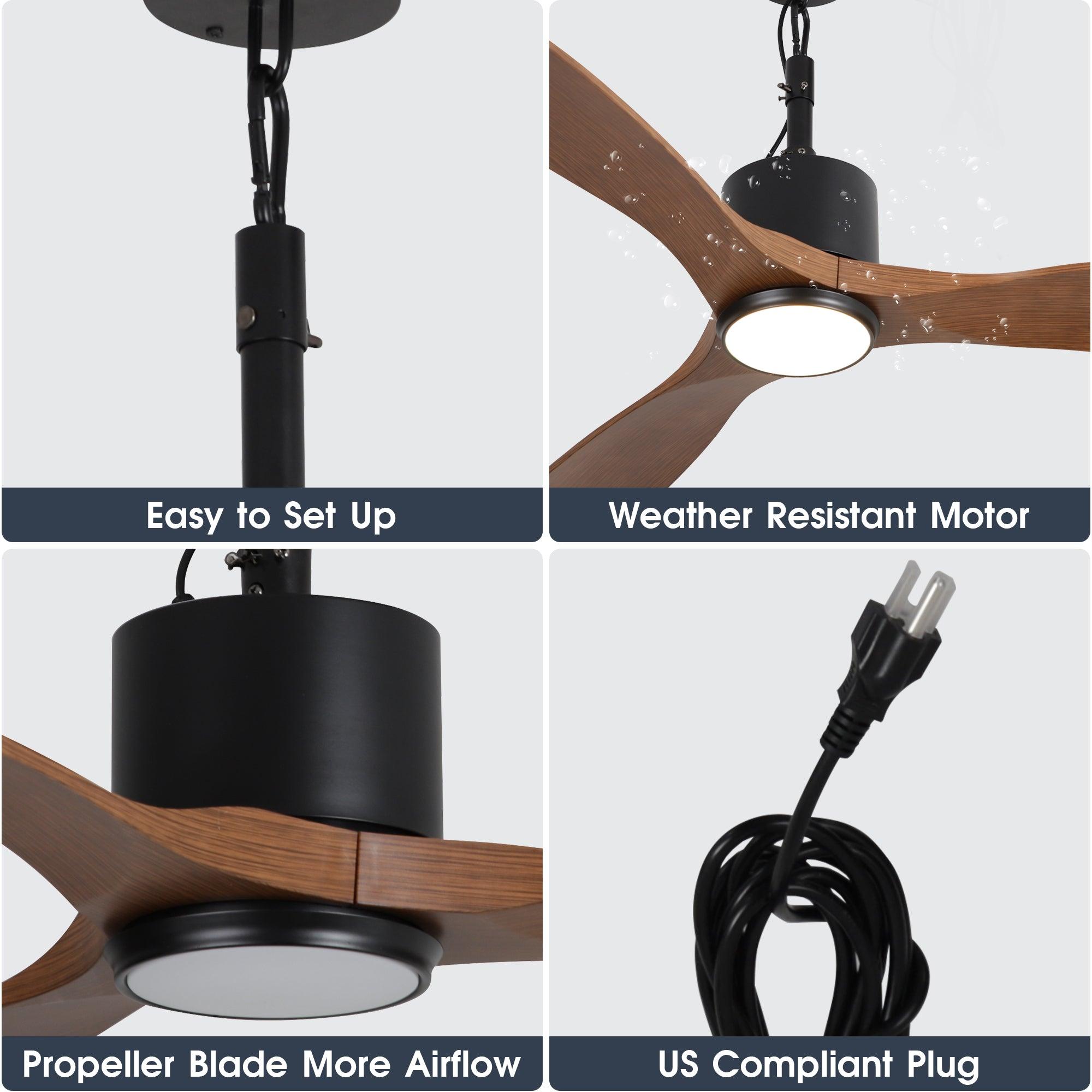42 Inch IP65 Rated Outdoor Ceiling Fan with LED Light - Modern Black Design, Dniester DC Motor, Hanging Buckle & Downrod - Perfect for Patio, Deck, Pergola and Outdoor Living Spaces
