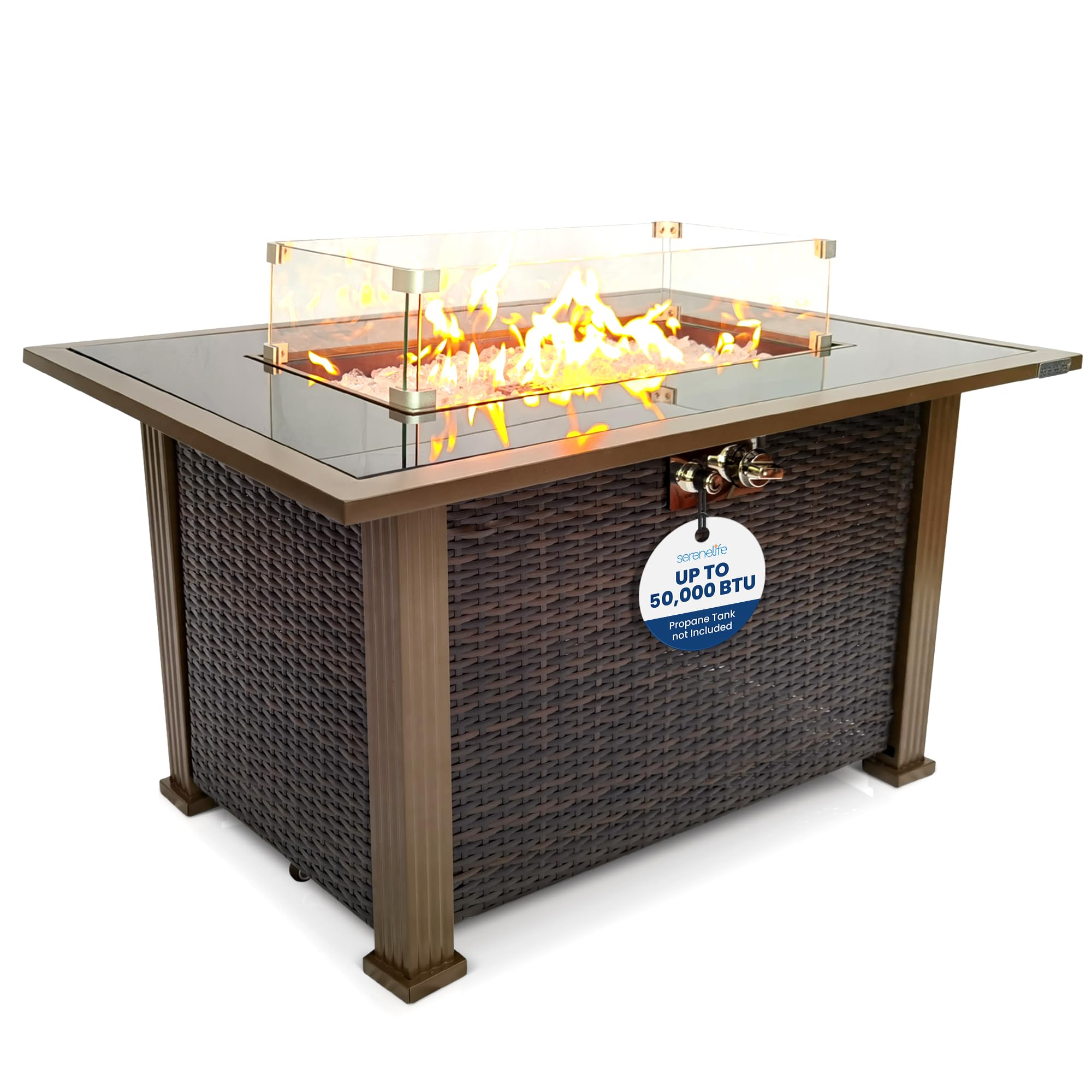 SereneLife 50,000 BTU Outdoor Propane Fire Pit Table with Auto-Ignition - Black Tempered Glass Top & Wind Guard for Patio, Backyard, Garden (Includes Clear Glass Rocks) | Perfect for Outdoor Gatherings, Camping & Relaxation