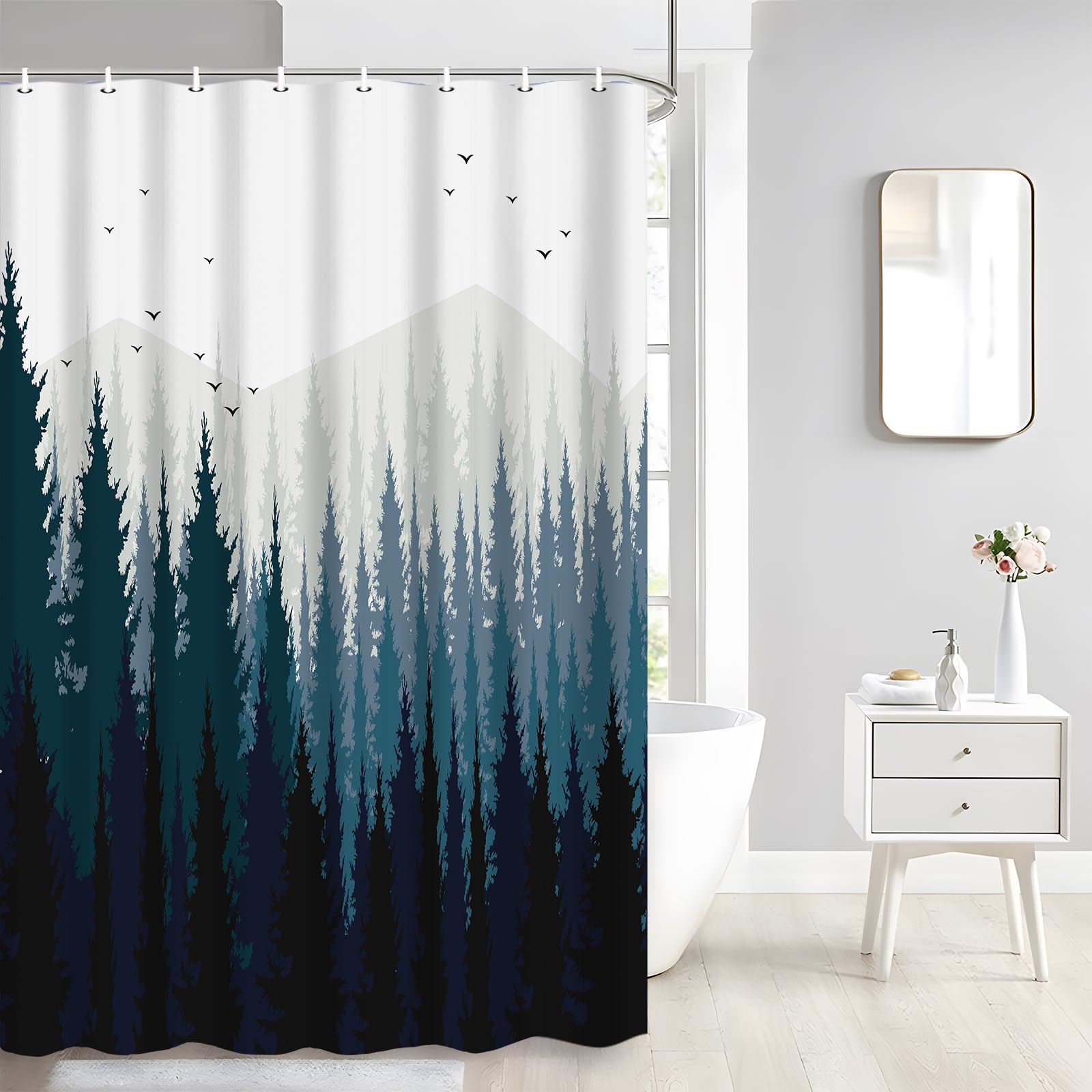 RV Camper Shower Curtain Set - 47x64 Inch Nature Mountain Tree Rustic Forest Design for Travel Trailers & Happy Cabin Camping - Waterproof Fabric Bathroom Decor with Hooks | Perfect for RV Bathrooms, Tiny Homes & Outdoor Adventures