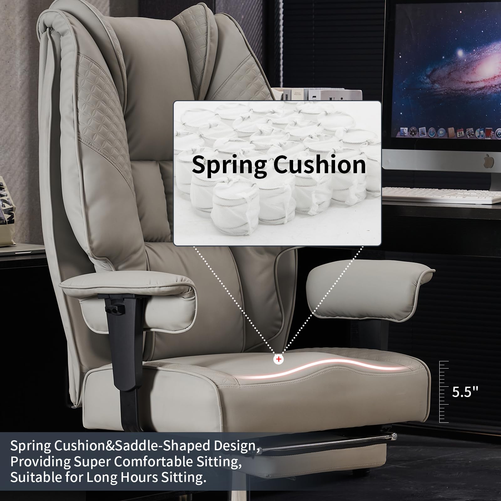 Big and Tall Office Chair 400lbs Capacity - Wide Seat Leather Executive Chair with Adjustable Footrest & Lumbar Support - Ergonomic High Back Desk Chair for Back Pain Relief - Light Grey - Perfect for Home Office, Gaming, and Professional Workspaces