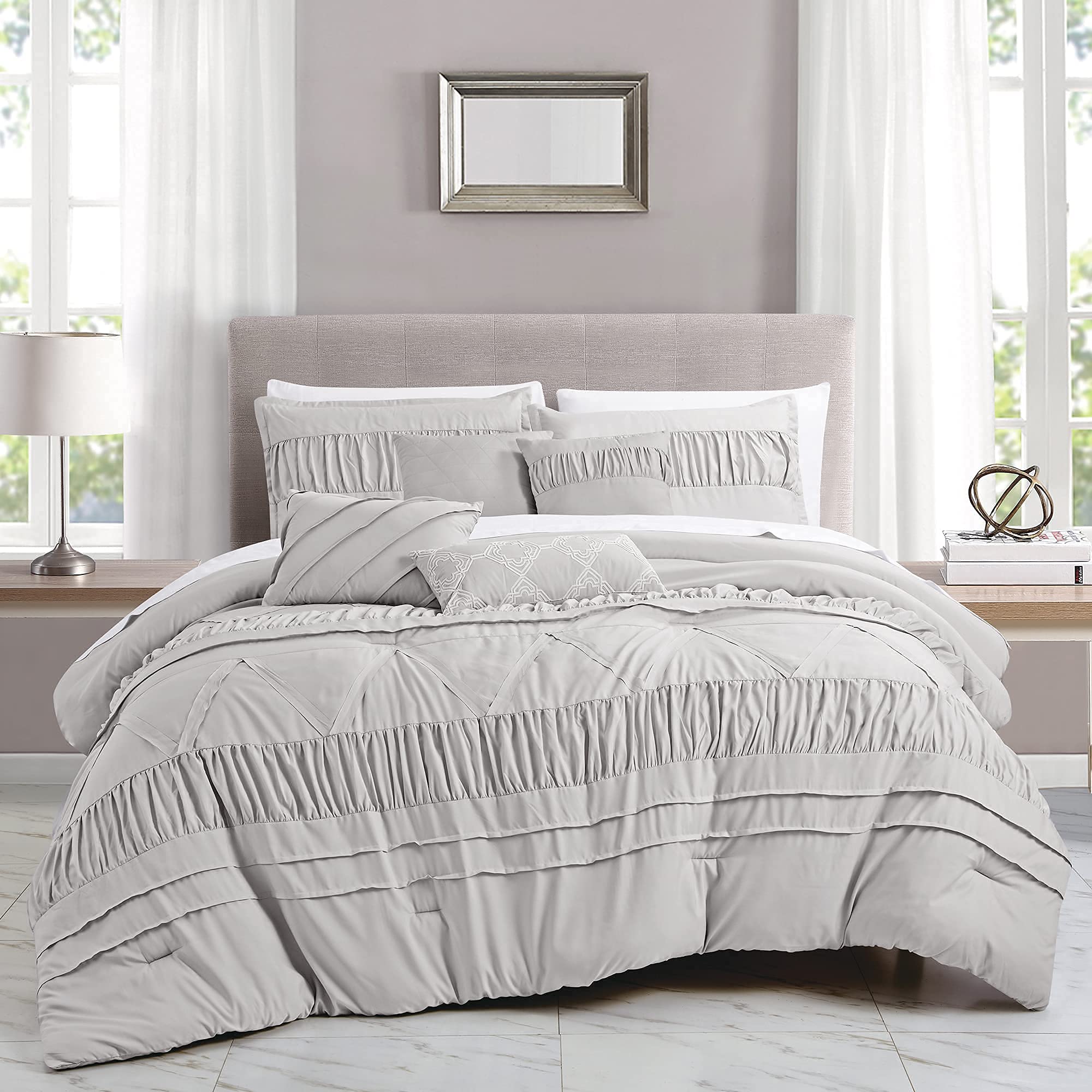 Luxury 7-Piece Linen Comforter Set Full/Queen Size - Beige & White Modern Pattern with Shams & Cushions | Bed in a Bag | Elegant Bedding for Master Bedroom, Guest Room & Airbnb Styling (22110V, F/Q, NAAMA)