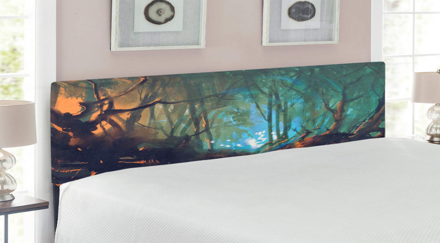 Ambesonne Mystic King Size Headboard - Whimsical Forest Lake Reflection Dark Surreal Upholstered Metal Bed Frame with Memory Foam in Brown Teal | Perfect for Gothic, Fantasy & Bohemian Bedroom Decor