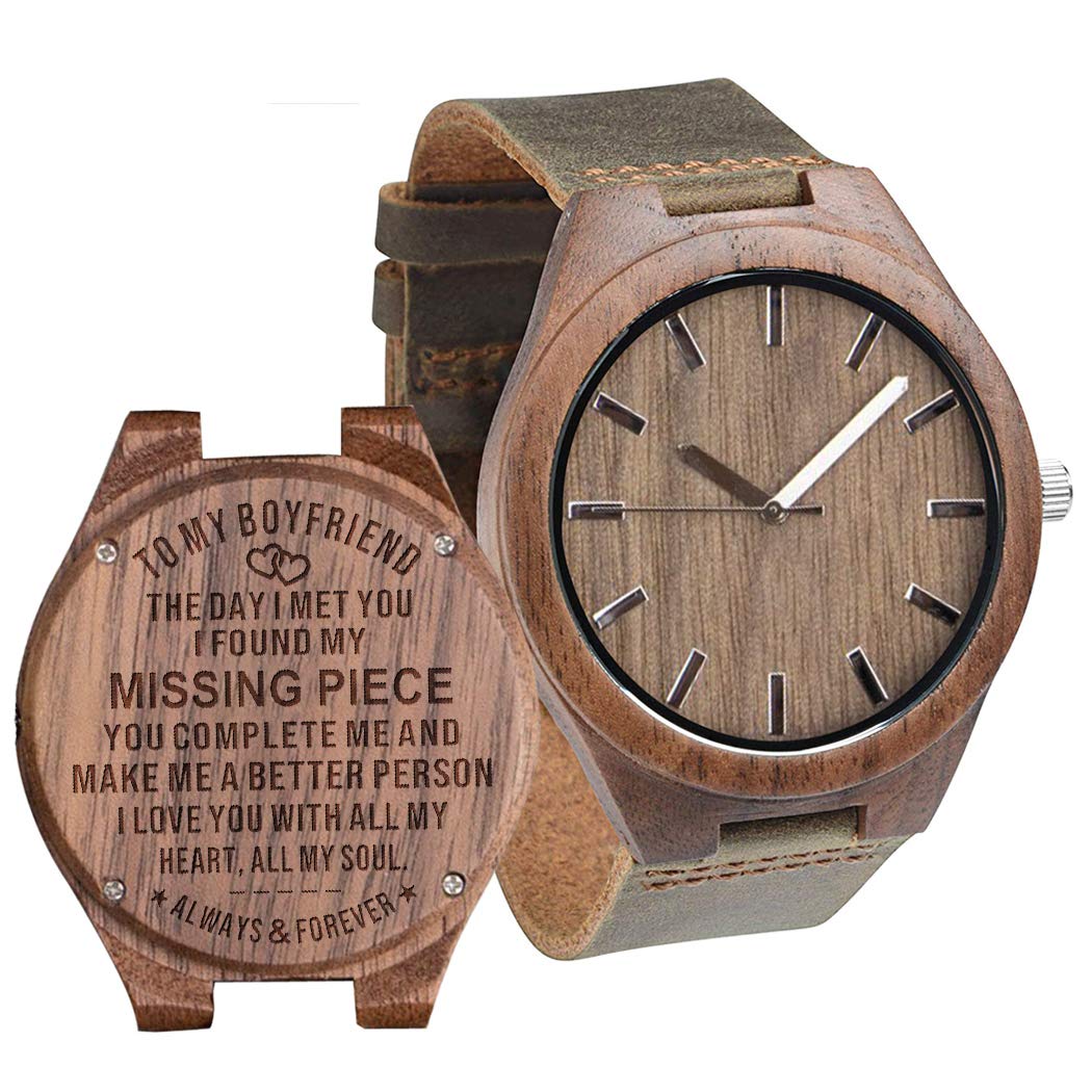 Personalized Engraved Wooden Watch for Men - Custom Black Leather Strap - Perfect Gift for Husband, Dad, Boyfriend, Son - Anniversary, Birthday, Wedding, Groomsmen Present - Ideal for Casual, Business & Special Occasions