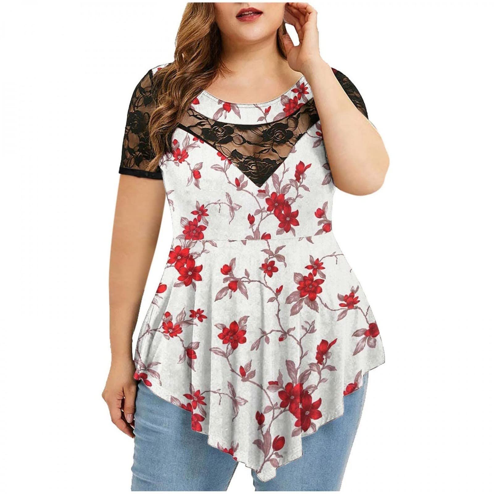 Plus Size Women's Summer Loose Casual Asymmetric Lace T-Shirt - Sexy Swing Tunic with Comfortable Short Sleeves | Perfect for Beach Outings, Date Nights & Summer Vacations