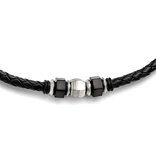 Stainless Steel Brushed Leather Black IP Plated Rubber Necklace - 19.25 Inch, 11mm Wide Women's Jewelry Gift for Birthday, Anniversary & Special Occasions