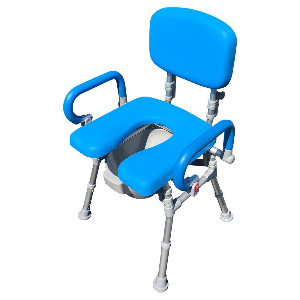 Platinum Health UltraCommode™ Foldable Commode & Shower Chair - Soft Padded Toilet Seat with Open Front, Adjustable Height & Pivoting Armrests | Portable XL Commode with Free Pail (Blue) | Ideal for Elderly Care, Post-Surgery Recovery & Bathroom Safety