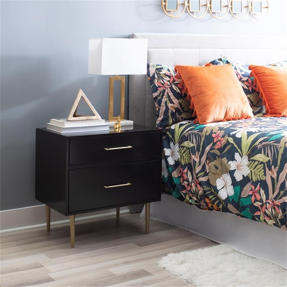 Linon Dylan Black Wood Nightstand with 2 Drawers & Gold Accents - Modern Bedside Table for Bedroom, Guest Room, or Dorm