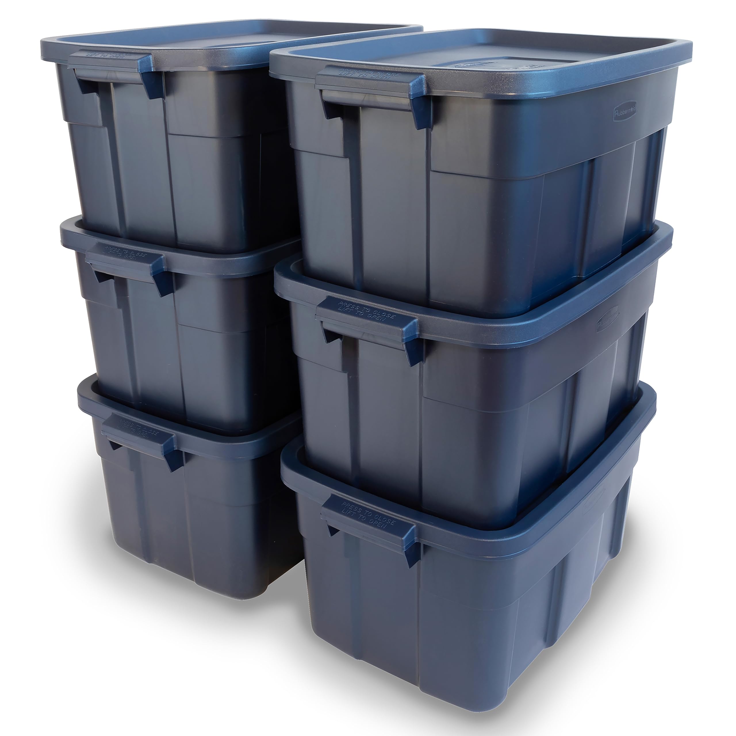 Rubbermaid Roughneck Tote 14 Gallon (6-Pack) - Durable Stackable Storage Bins with Lids & Handles - Made in USA - Dark Indigo Metallic - Perfect for Garage Organization, Home Storage & Moving Supplies