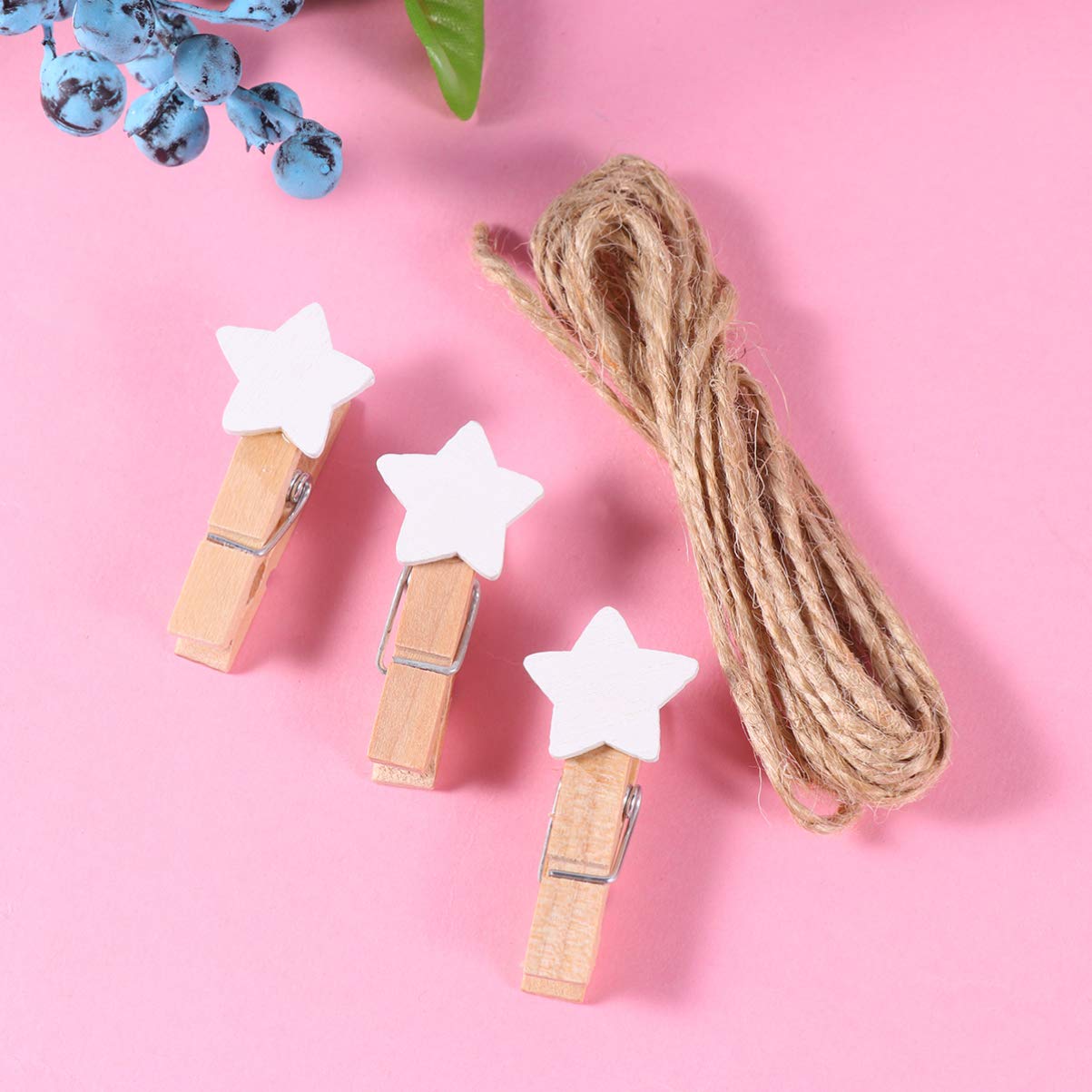 HEALLILY 100pcs Mini Wooden Star-Shaped Clothespins - Photo Hanging Clips, Picture Pegs, Craft Clips with Rope for Wall Decor, Scrapbooking, DIY Projects - White
